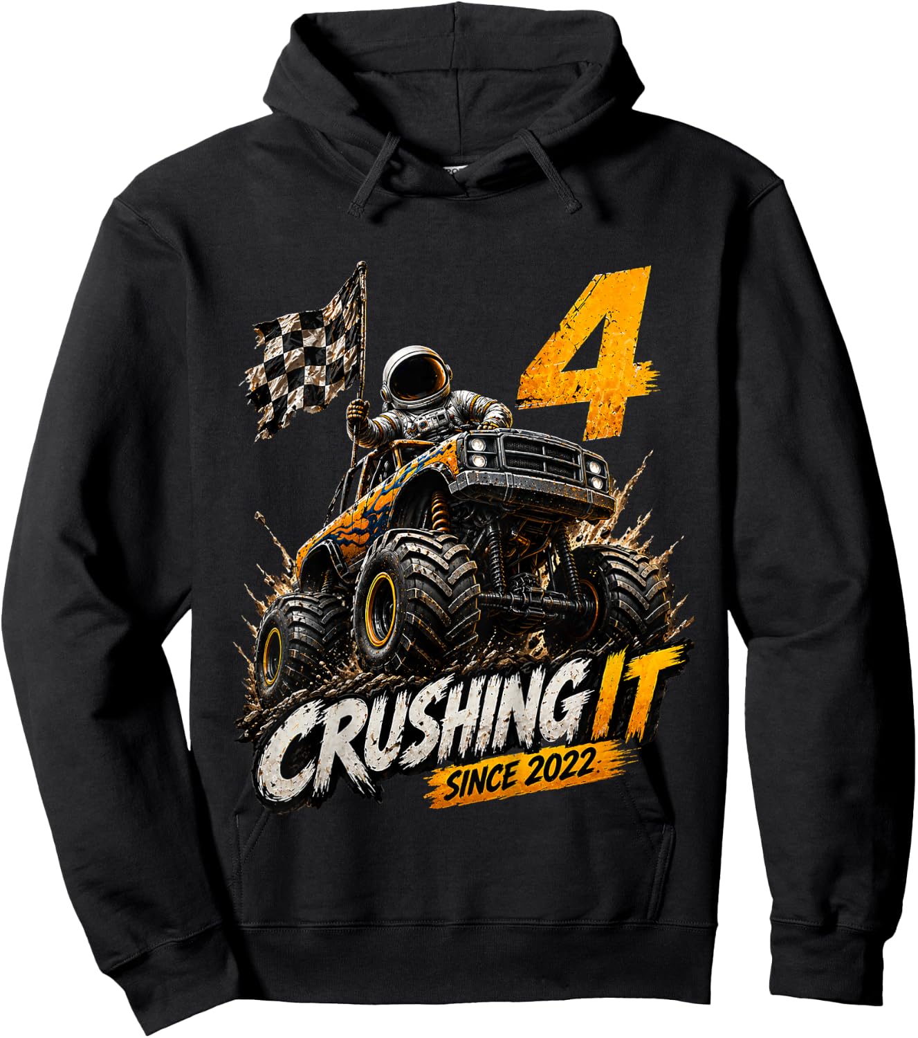 Kids 4th Birthday Monster Truck Astronaut 4 Year Old Boys Kids Hoodie - Hoodie | Black