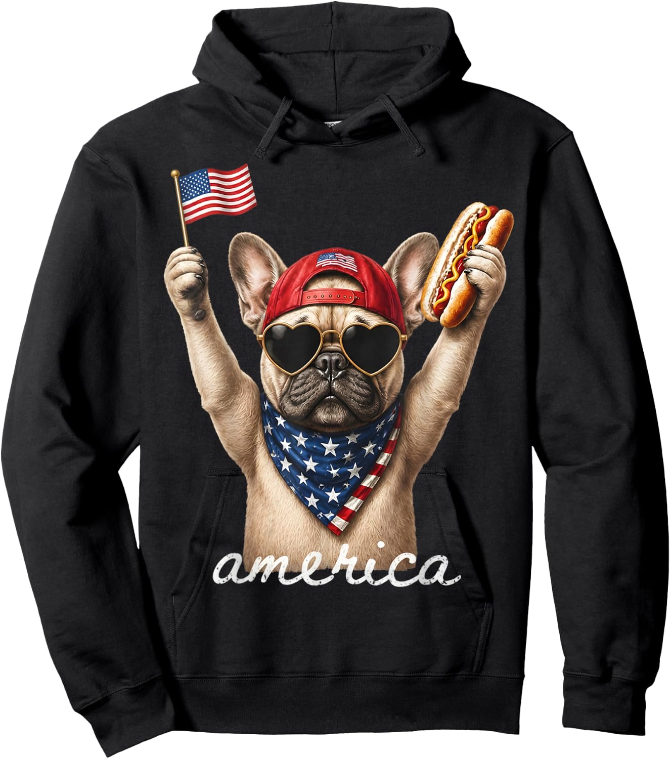USA America French Bulldog Hot Dog 1776-2026 4th of July Hoodie - Hoodie | Black