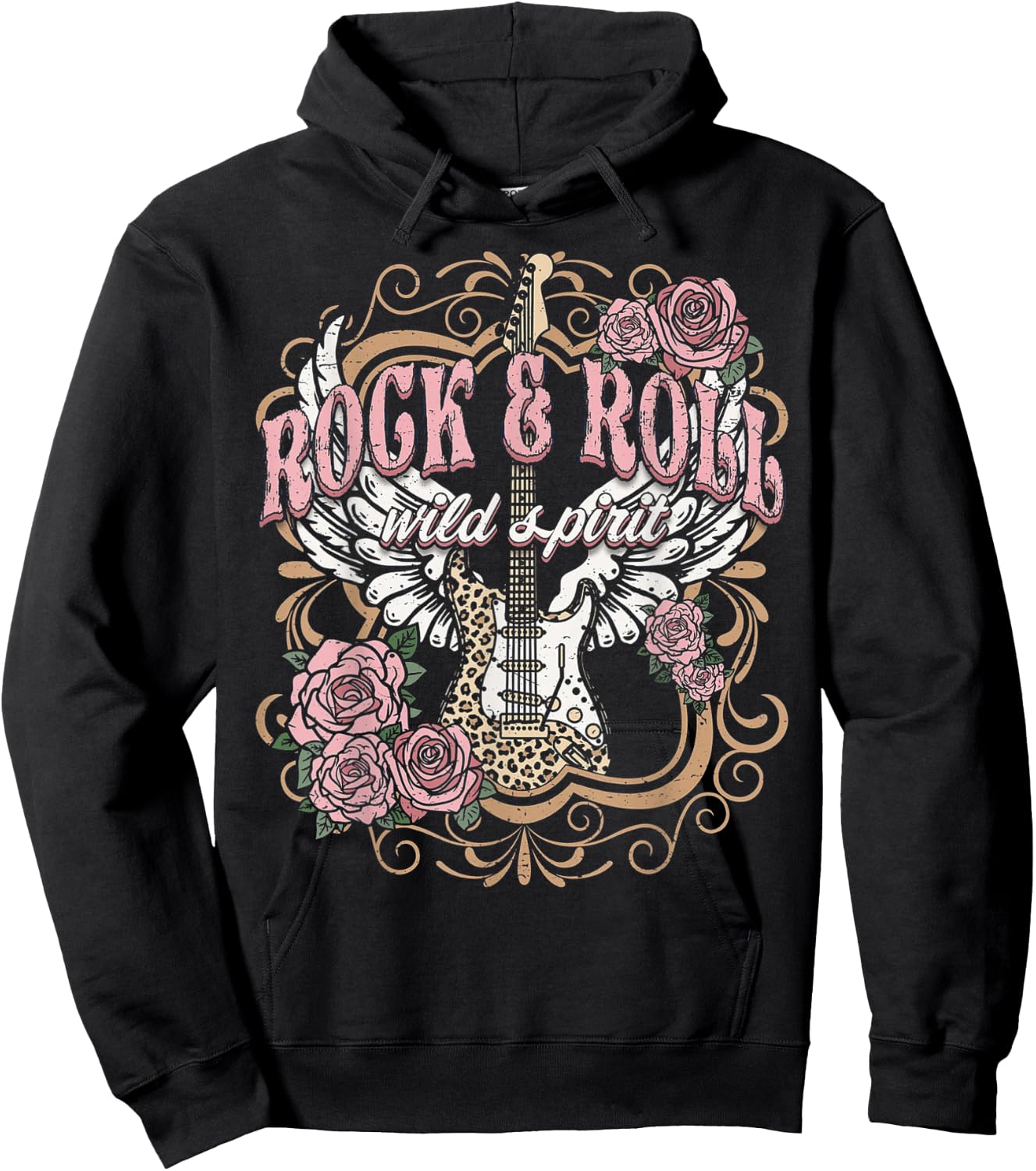 Rock and Roll Wild Spirit Boho Angel Wings Floral Guitar , black Hoodie - Hoodie | Black