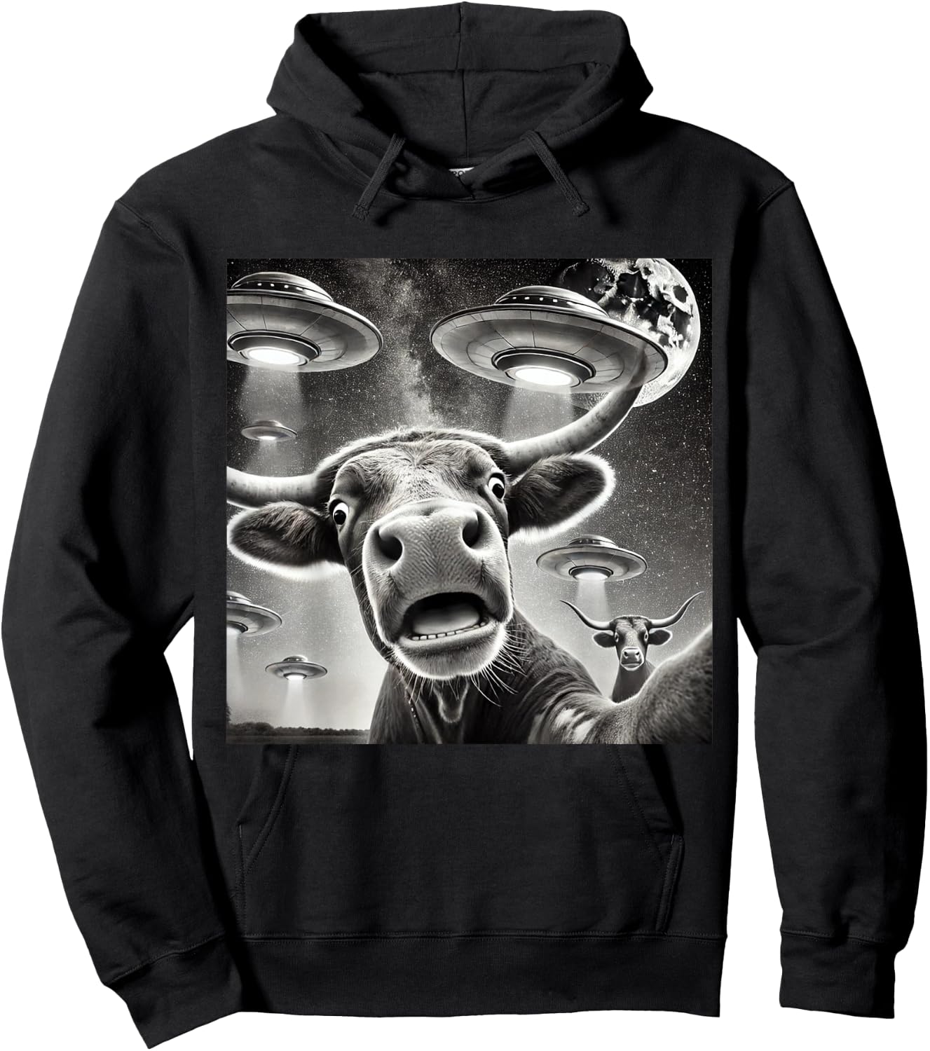 Texas Funny Cow Alien Weird Texas Cow selfie with UFOs Hoodie - Hoodie | Black