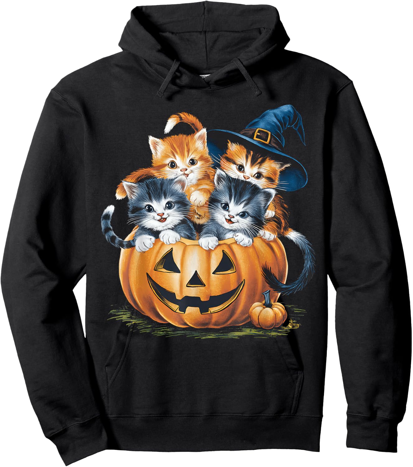 Vintage 90s Cat Pumpkin Halloween Retro Floral Spooky Season Hoodie - Hoodie | Black