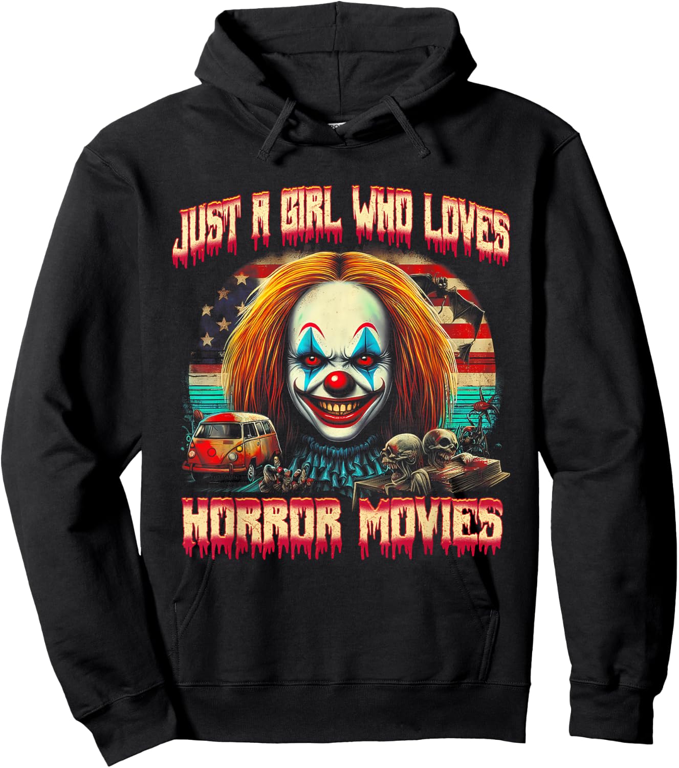 Vintage Just Girl Who Loves Horror Movies Clown Halloween Hoodie - Hoodie | Black