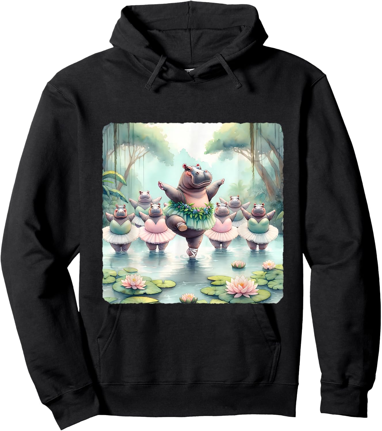 Hippos Ballet In River With Jungle Backdrop Hoodie - Hoodie | Black