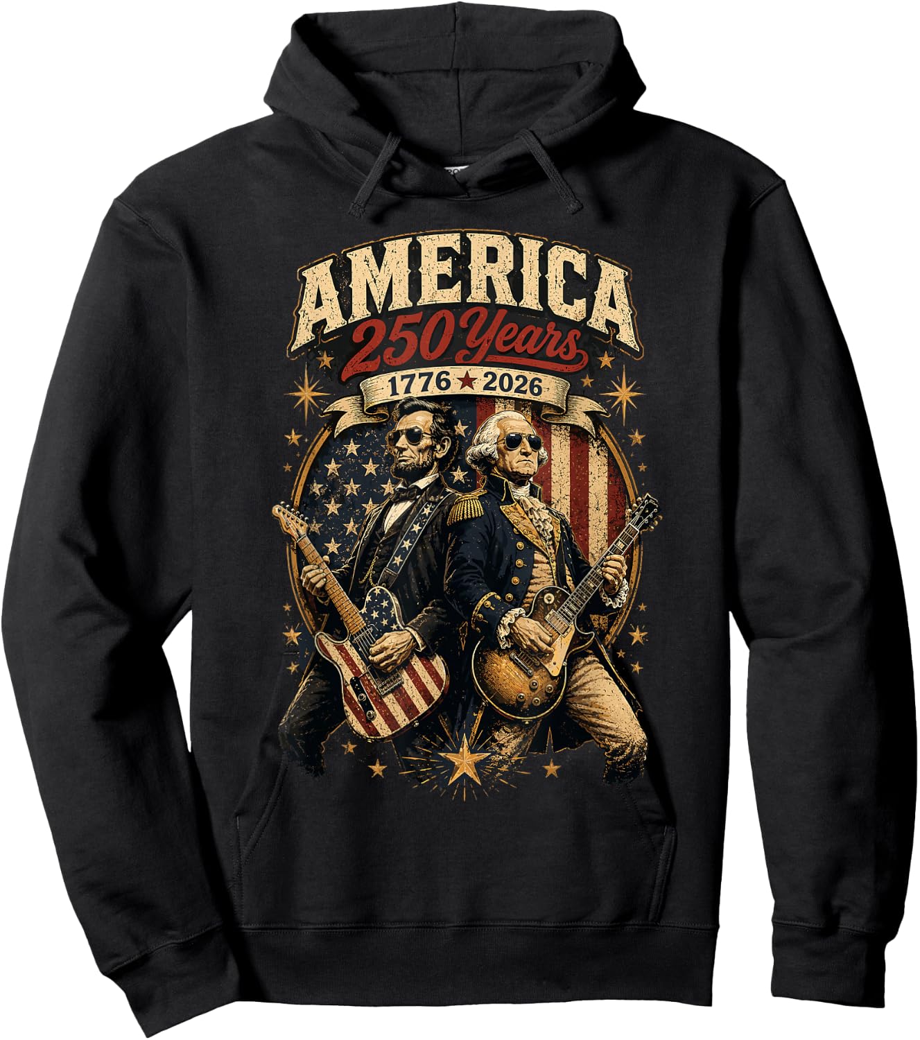 George Washington Abraham Lincoln Playing Guitar 4th July Hoodie - Hoodie | Black