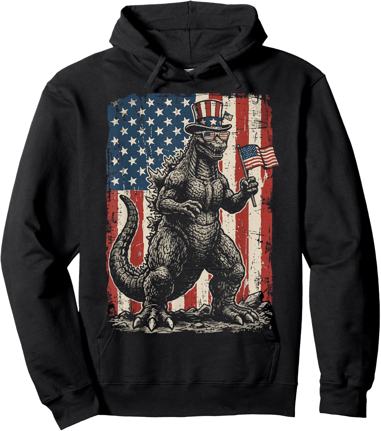 Japanese Lizard Monster US Flag 4th of July Men Women Kids Hoodie - Hoodie | Black