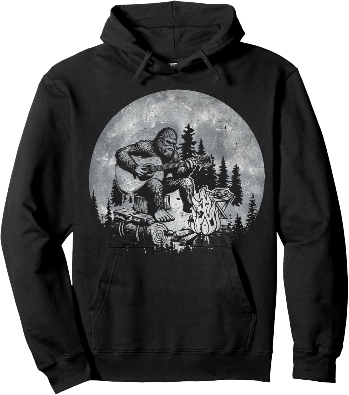 Rock Music Bigfoot Camping Full Moon Bigfoot Playing Guitar Hoodie - Hoodie | Black