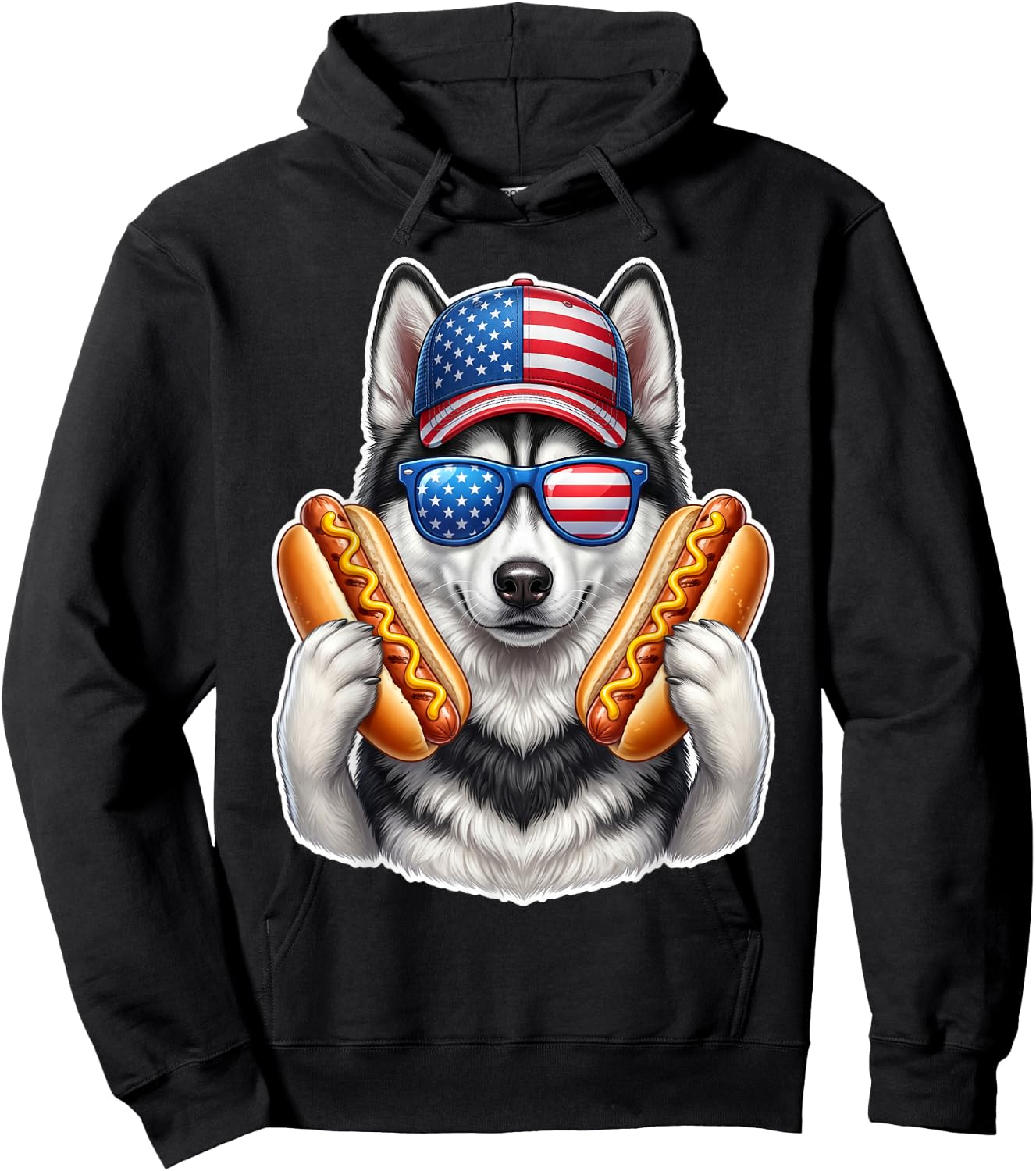 4th of July Hotdog Siberian Husky Funny Patriotic USA Flag Hoodie - Hoodie | Black