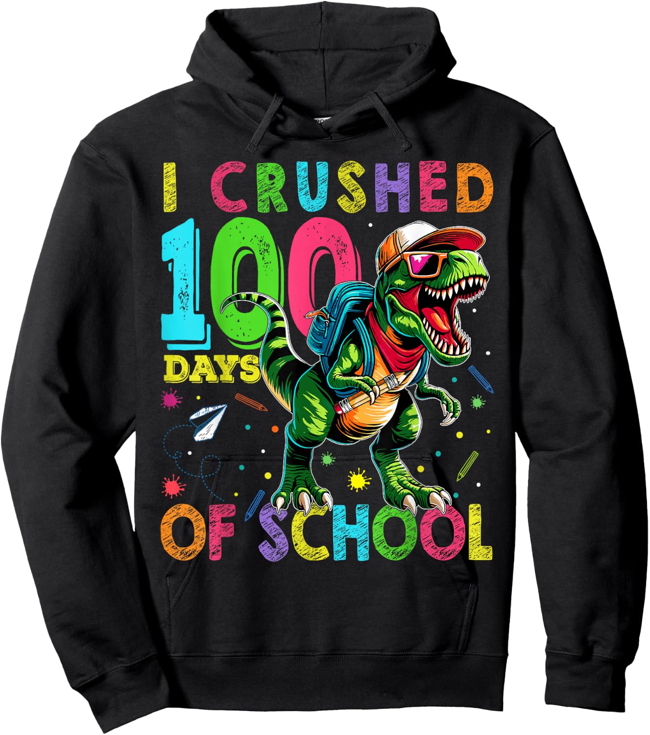 I Crushed 100 Days of School T Rex Dinosaur Teacher Boy Gift Hoodie - Hoodie | Black
