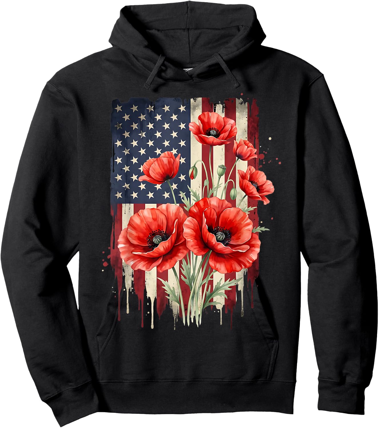 Vintage Red Poppy Flower American Flag 4th of July Poppies Hoodie - Hoodie | Black