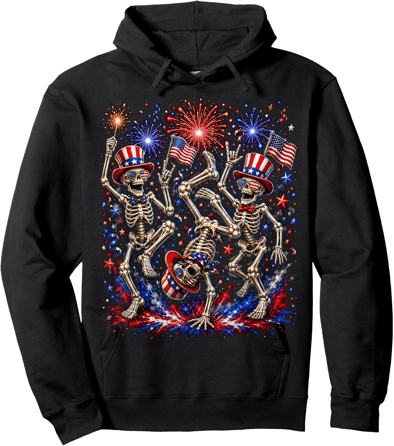 USA Fireworks Patriotic Dancing Skeletons 4th of July Gothic Hoodie - Hoodie | Black