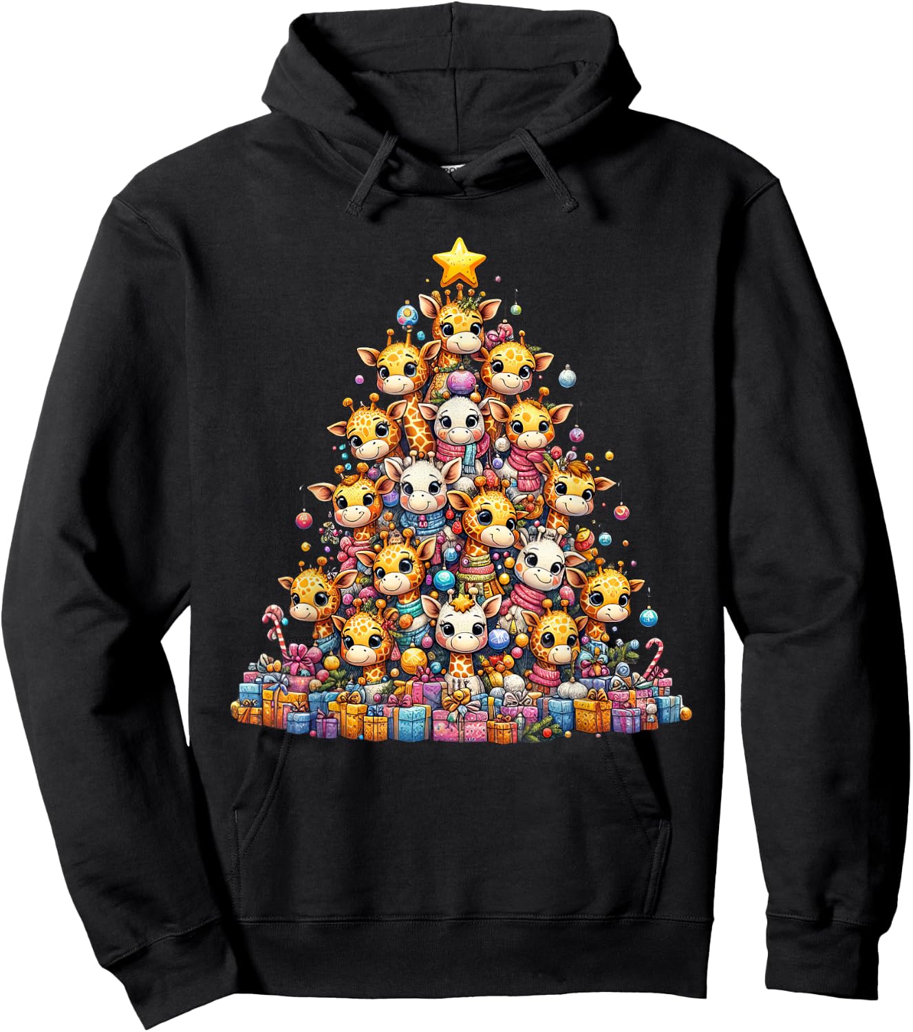 Cute Giraffe Christmas Tree Kids Funny Hoodie - Hoodie | Black