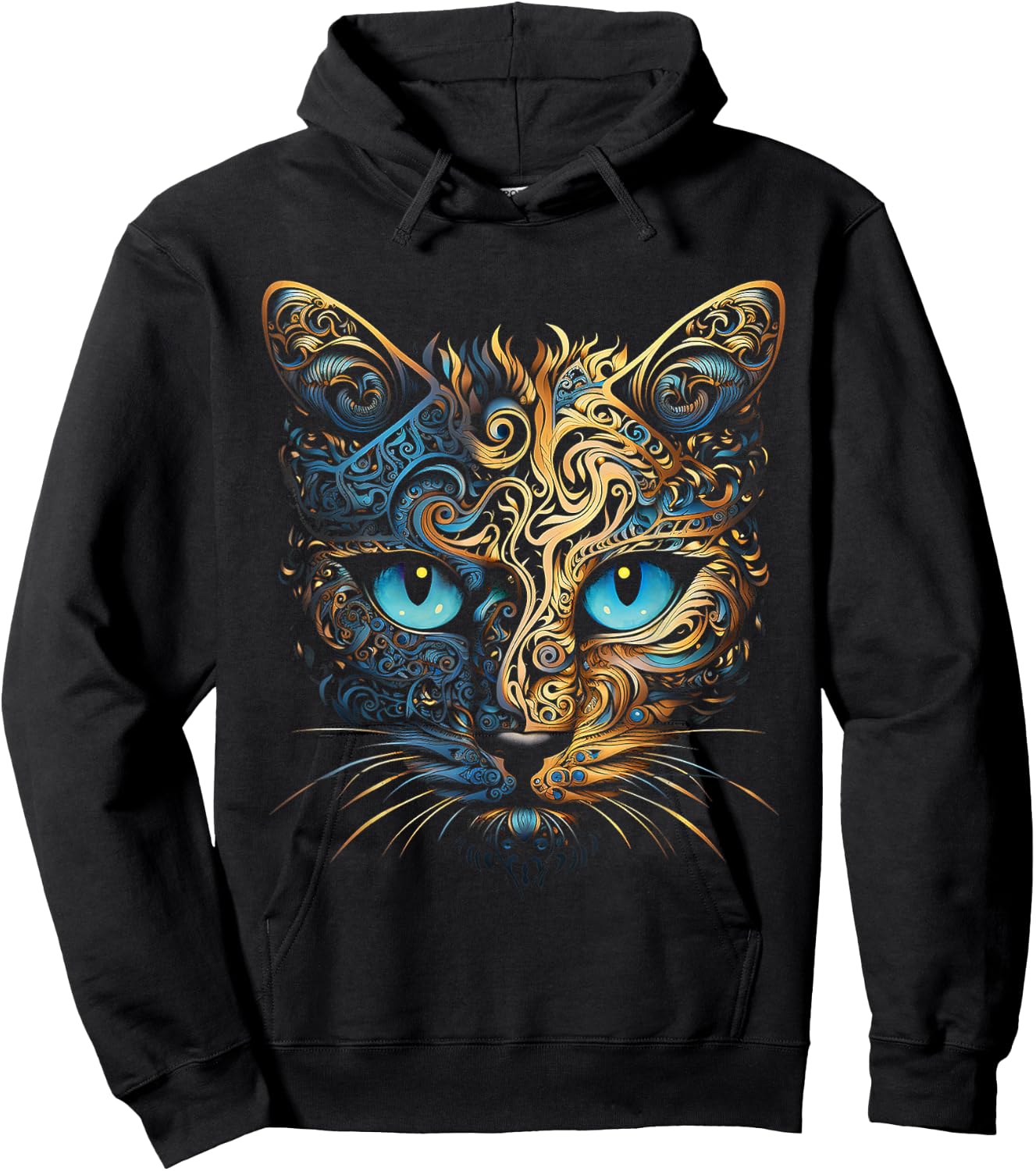 Cat Fantasy Blue Eyes Mandala Animal Art Cat , black Hoodie - Hoodie | Black