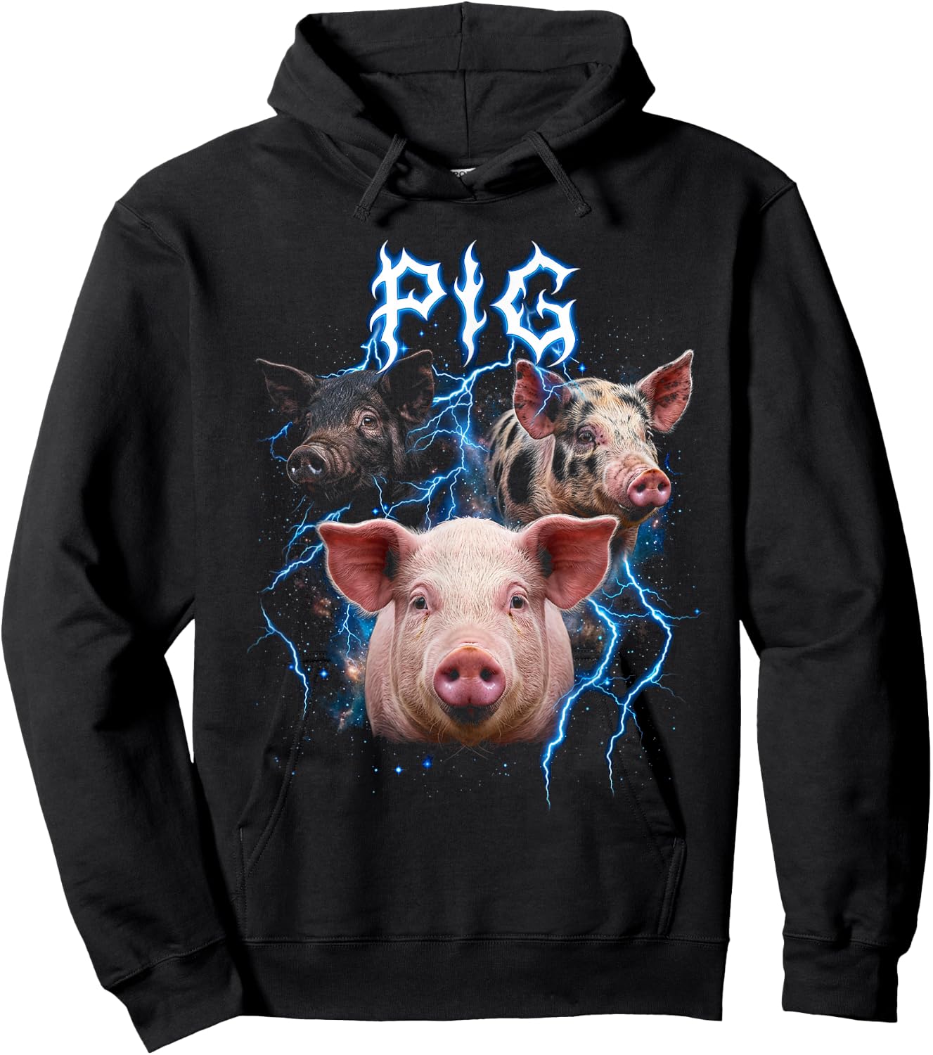 Pig Vintage 90s Heavy Metal Retro Pig Farm Animal Lover Pig Hoodie - Hoodie | Black