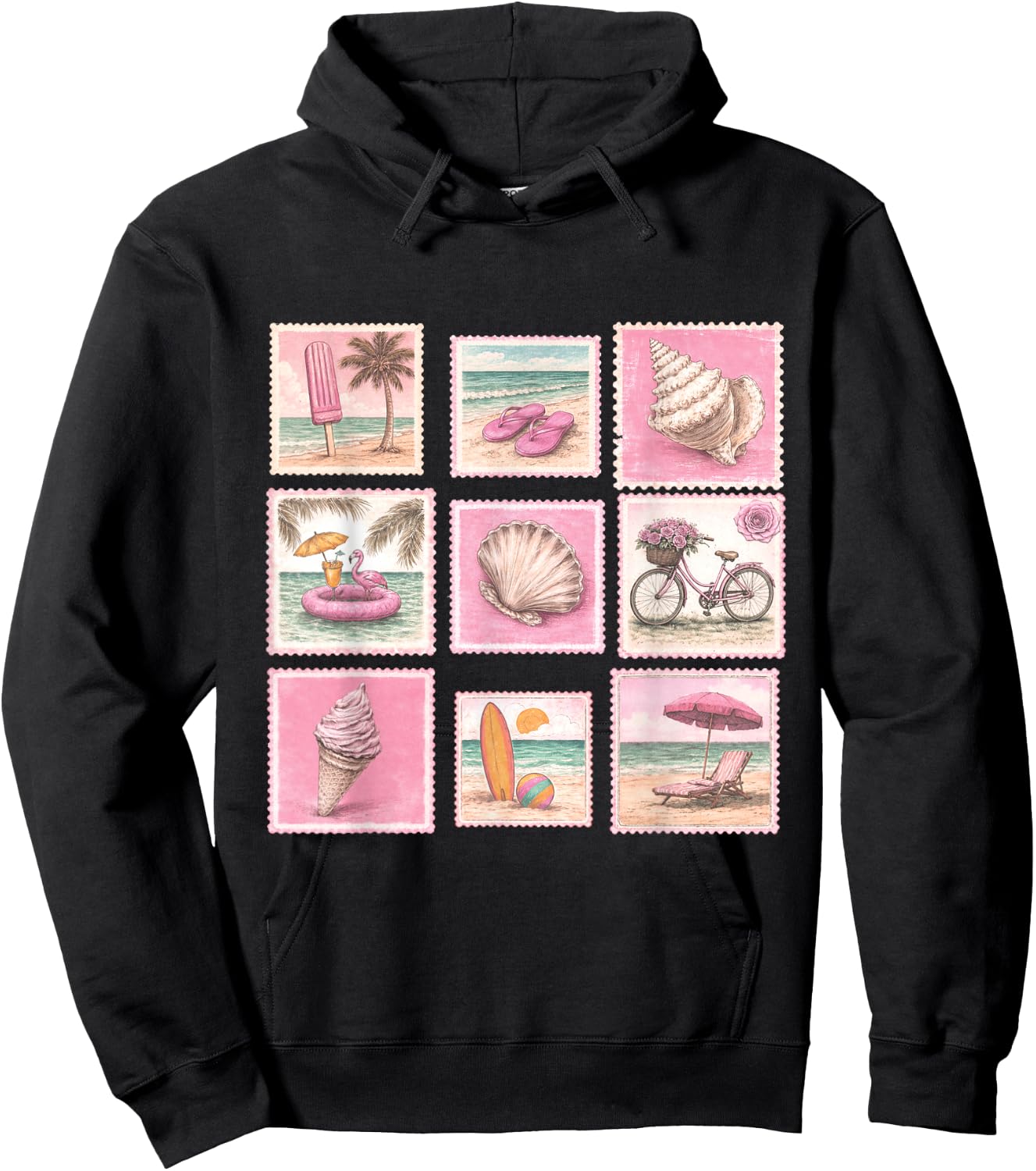 Vintage Beach Summer Beachy Stamp Cute Sea Lover Hoodie - Hoodie | Black