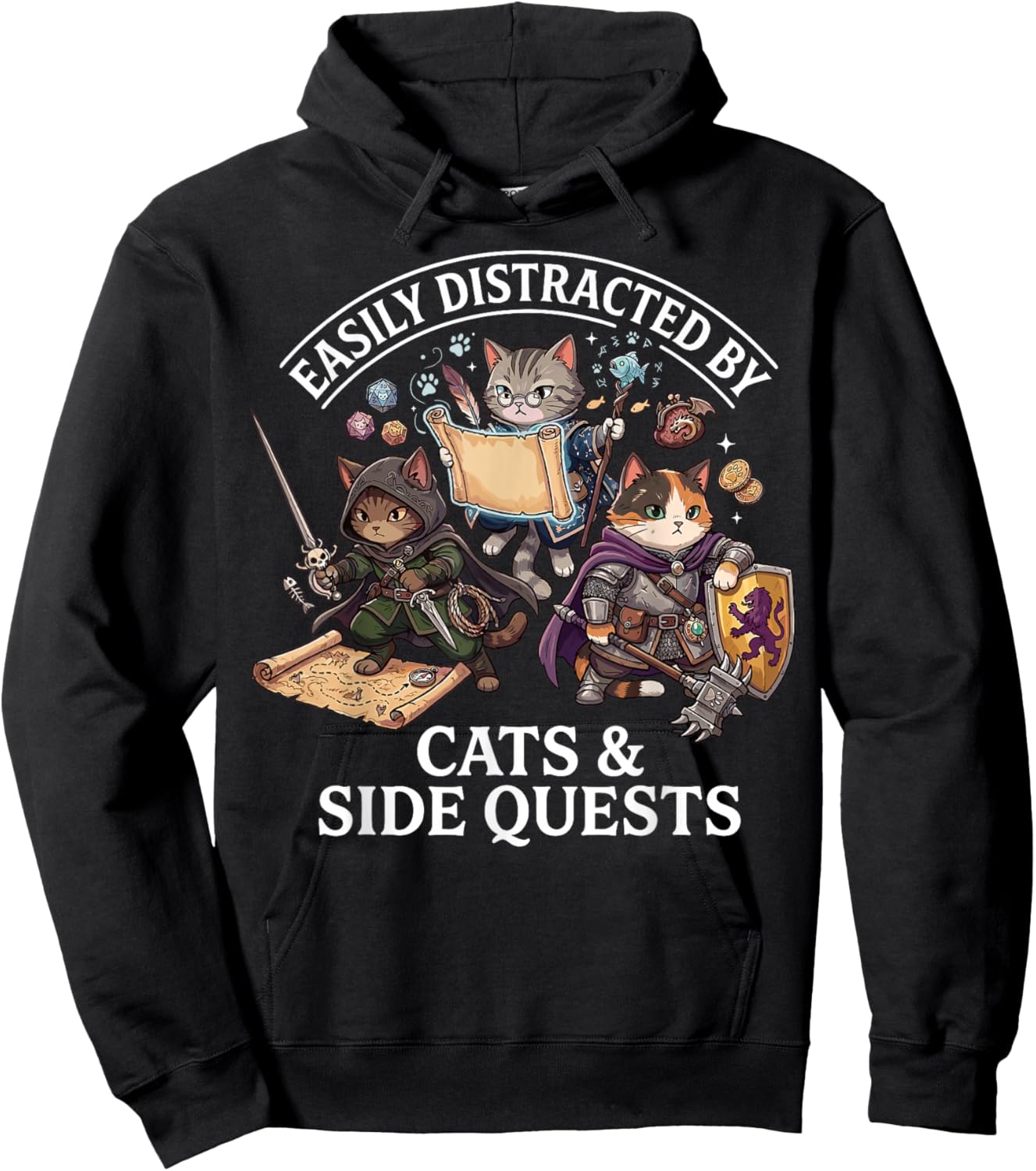 Easily Distracted by Cats Side Quests Funny Gamer RPG Hoodie - Hoodie | Black
