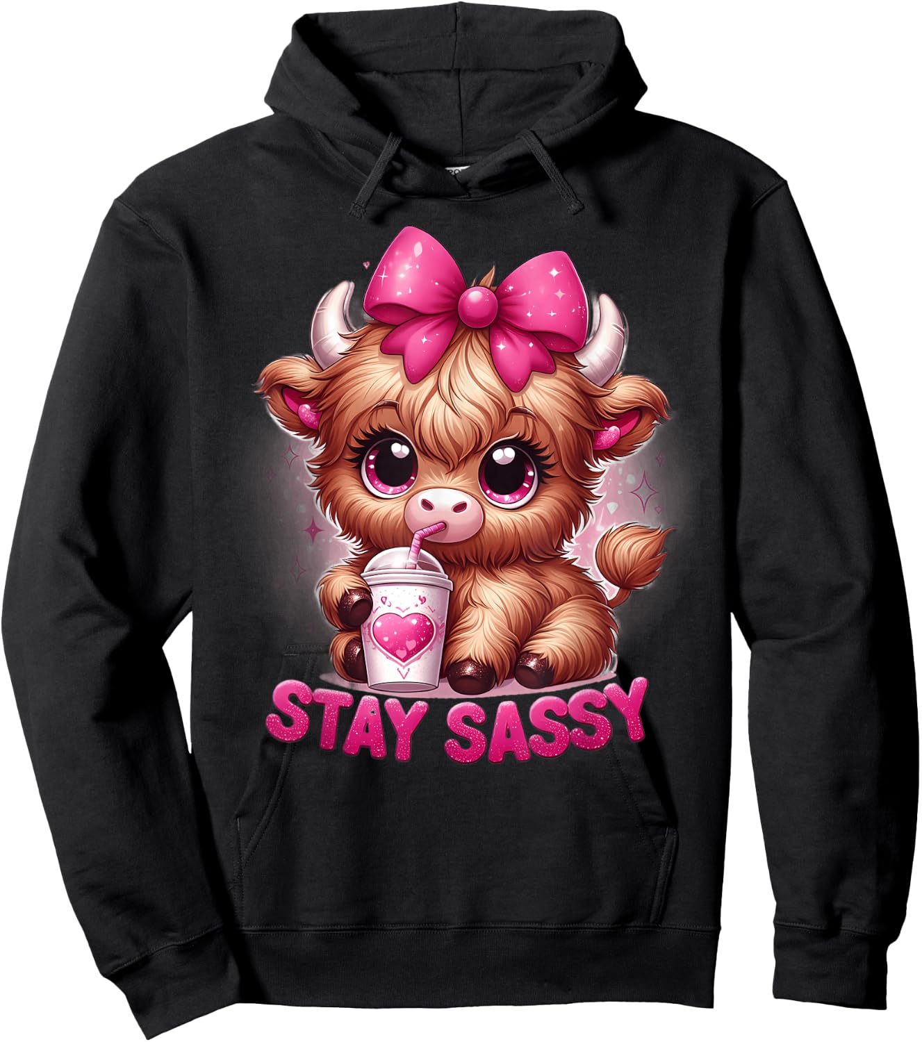 Baby Highland Cow Coffee Pink Bow Stay Sassy Girl Women's Cute Hoodie - Hoodie | Black