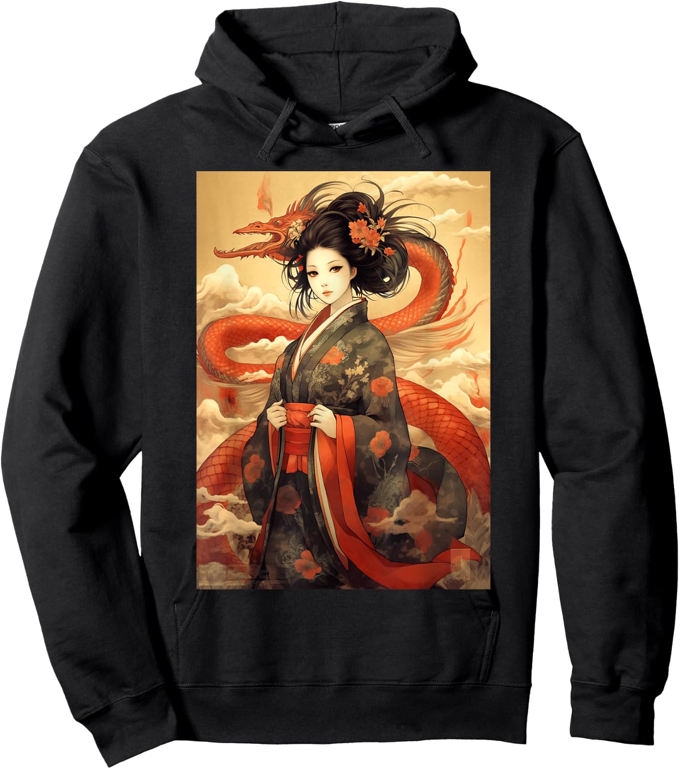 Japanese Geisha Kawaii In Kimono Dragon Japan Hoodie - Hoodie | Black