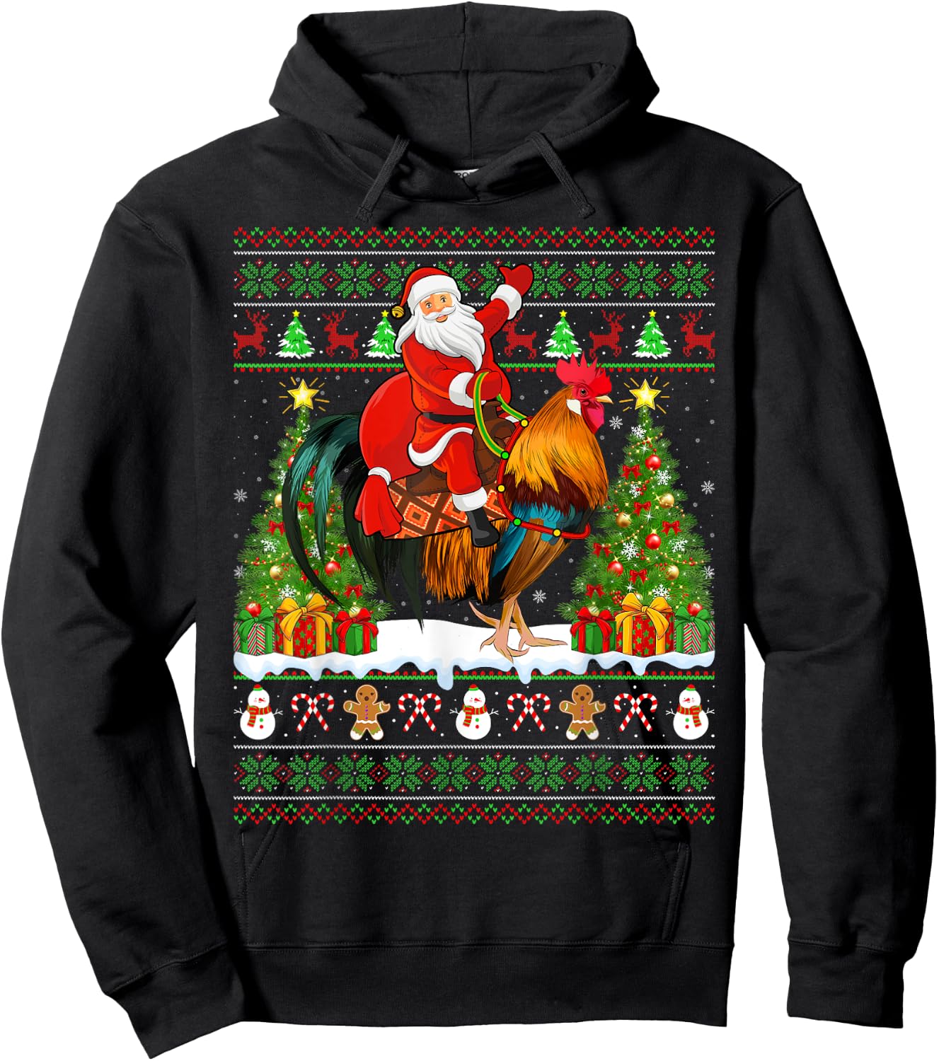 Rooster Bird Lover Funny Ugly Santa Riding Rooster Christmas Hoodie - Hoodie | Black