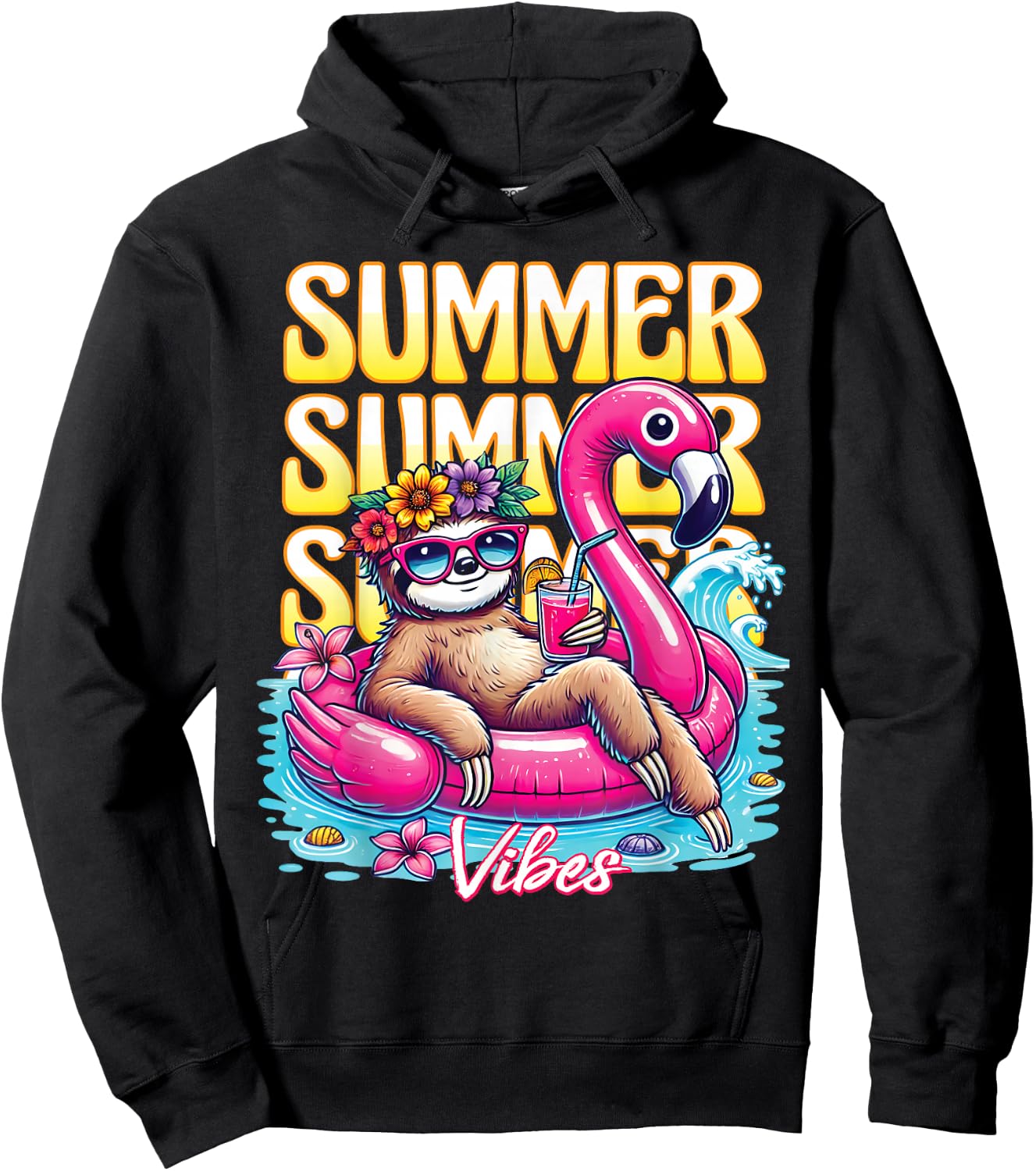 Summer Vibes Funny Sloth Sunglasses Beach Cute Vacation Hoodie - Hoodie | Black