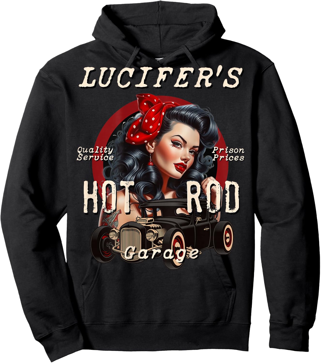 Lucifer's Super Hot Rod Pinup Girl Rockabilly Garage Retro , Black, S Hoodie - Hoodie | Black