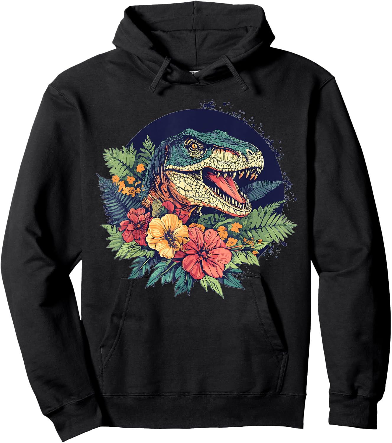 Dinosaur With Floral Background Artwork Hoodie - Hoodie | Black