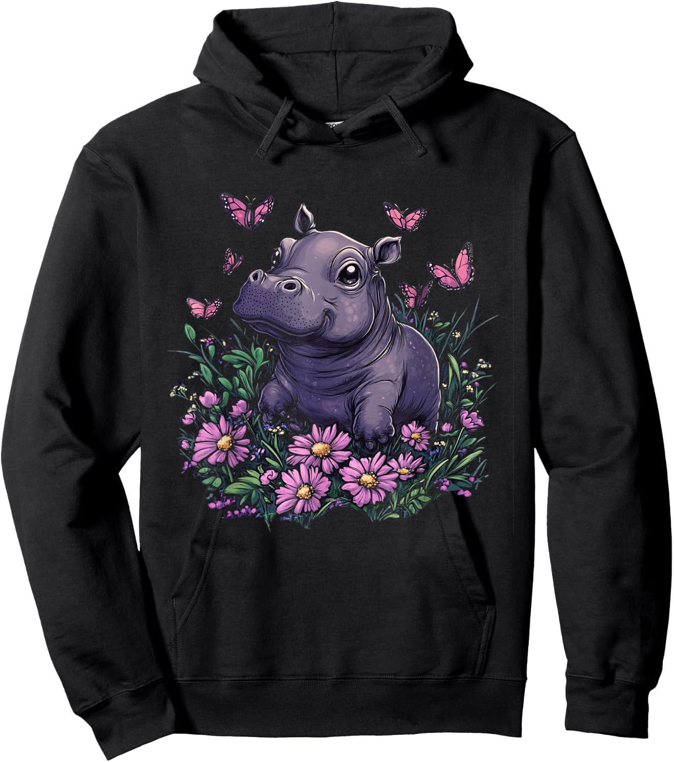 Cute Baby Hippo Pygmy with Flowers Girls Hoodie - Hoodie | Black