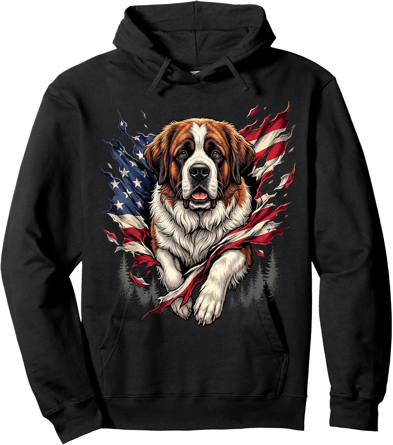 Saint Bernard Dog Patriotic American Flag 4th of July USA Hoodie - Hoodie | Black