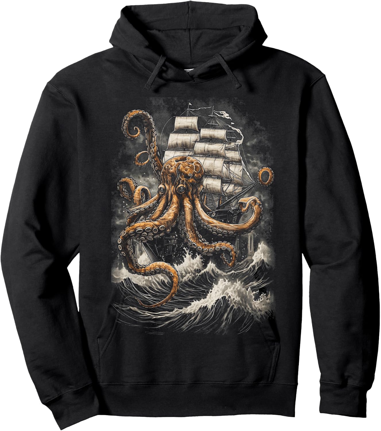 Giant Octopus Pirate Ship Vintage Kraken Sailing Squid Hoodie - Hoodie | Black