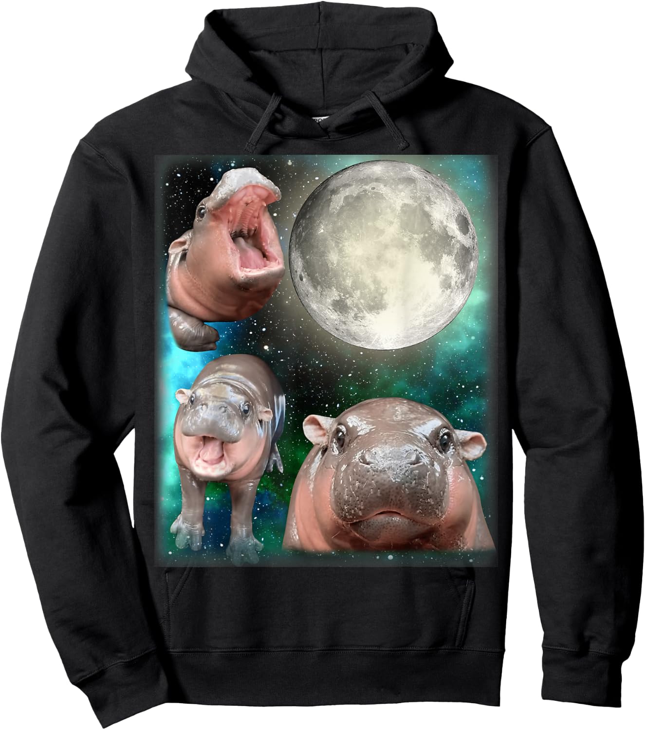 3 Hippo Moon Howling - 3 MOO-DENG Head Moon Howling Hoodie - Hoodie | Black