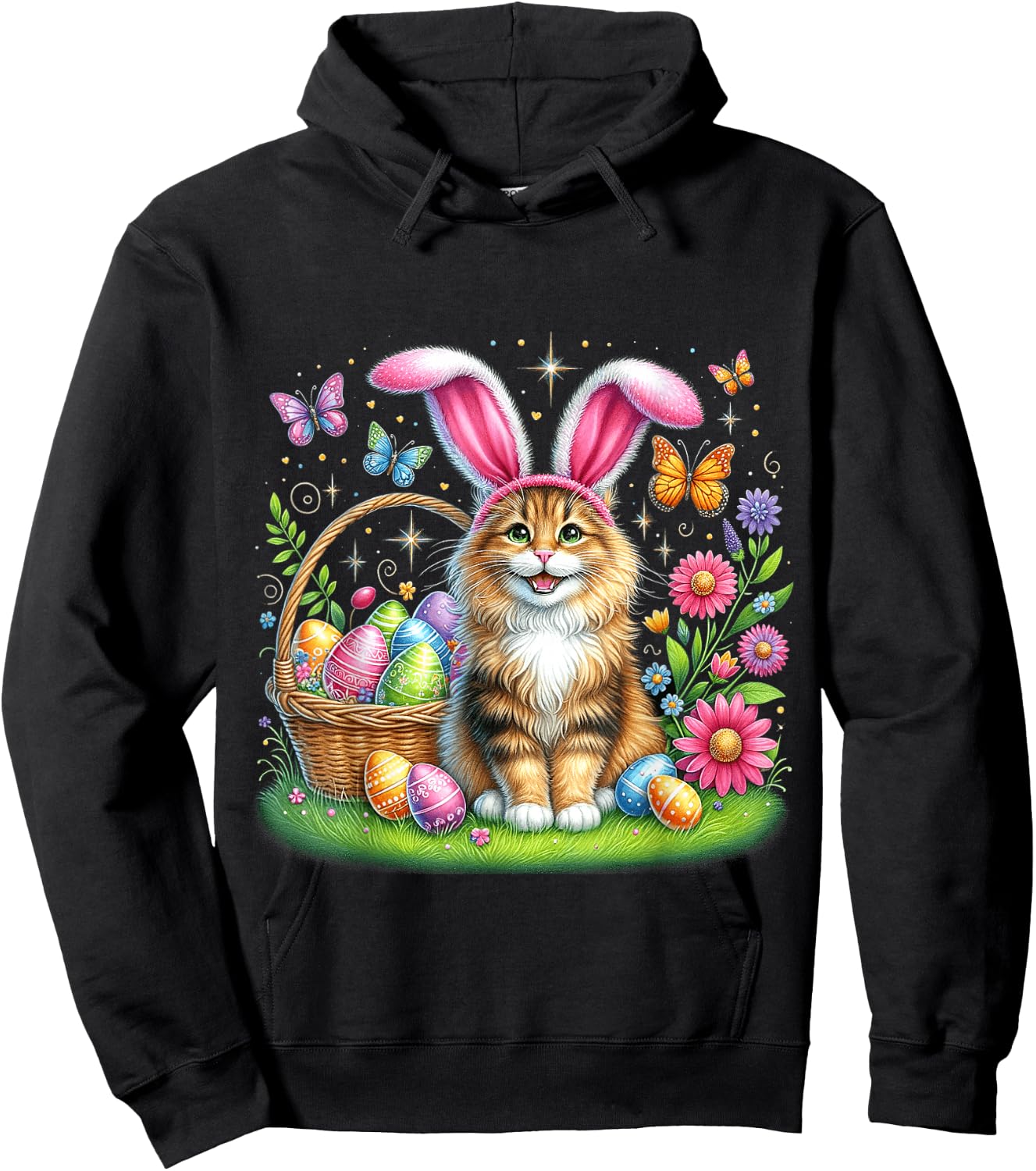 Happy Easter Cute Bunny Norwegian Forest Cat Easter Basket Women Girls Kids Hoodie - Hoodie | Black