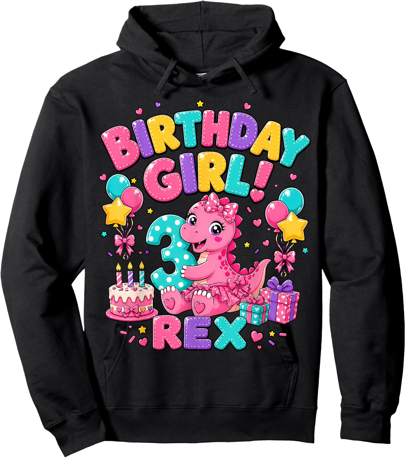 Rawr I'm 3 Three Rex Pink Dinosaur 3rd Birthday Girl Party Hoodie - Hoodie | Black