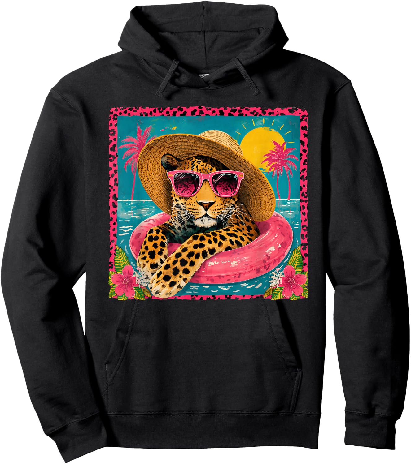 Summer Funny Leopard Sunglasses Pool Float Beach Vacation Hoodie - Hoodie | Black