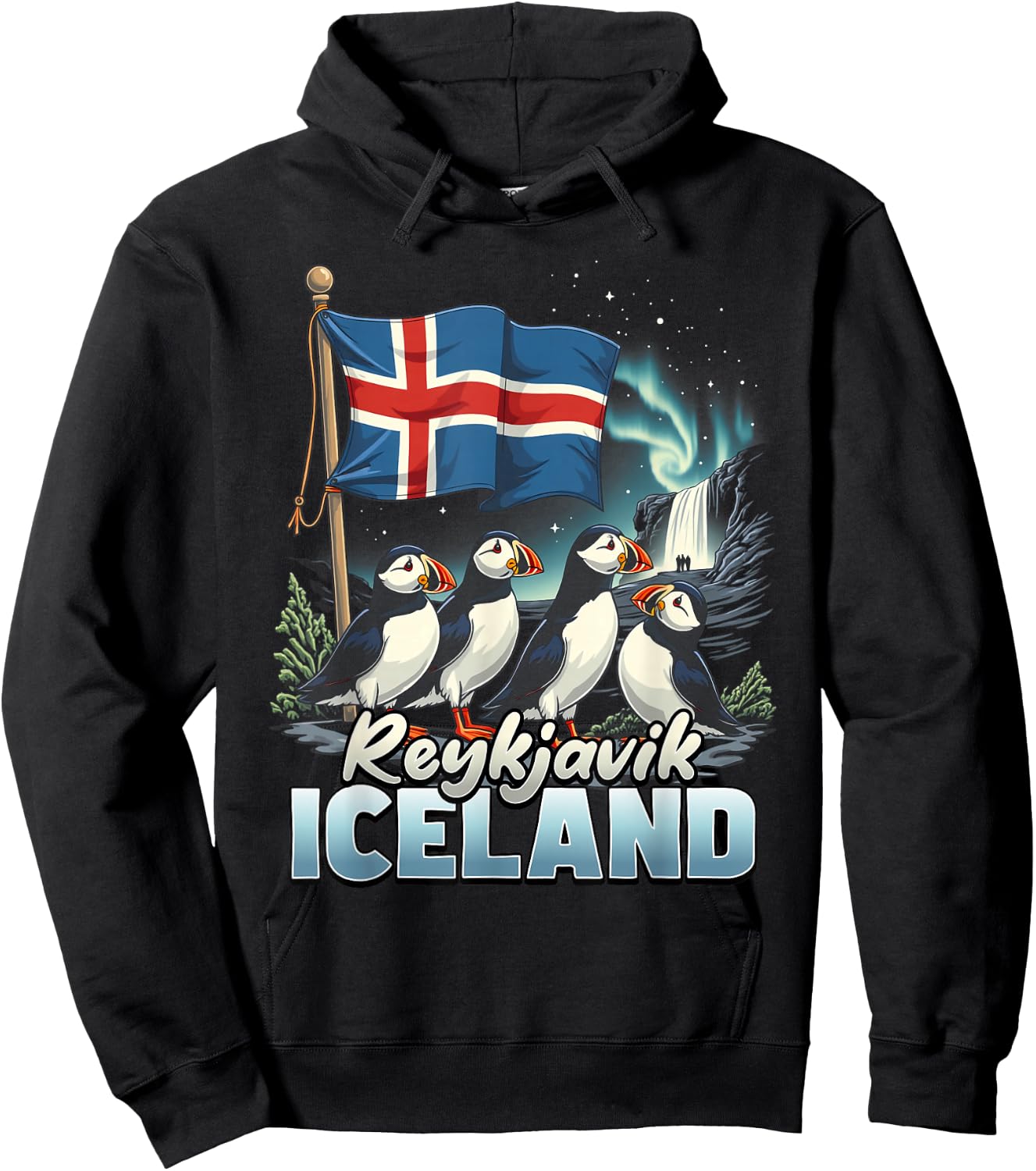 Reykjavik Iceland Flag Puffin Reykjavik Vacation Souvenir Hoodie - Hoodie | Black