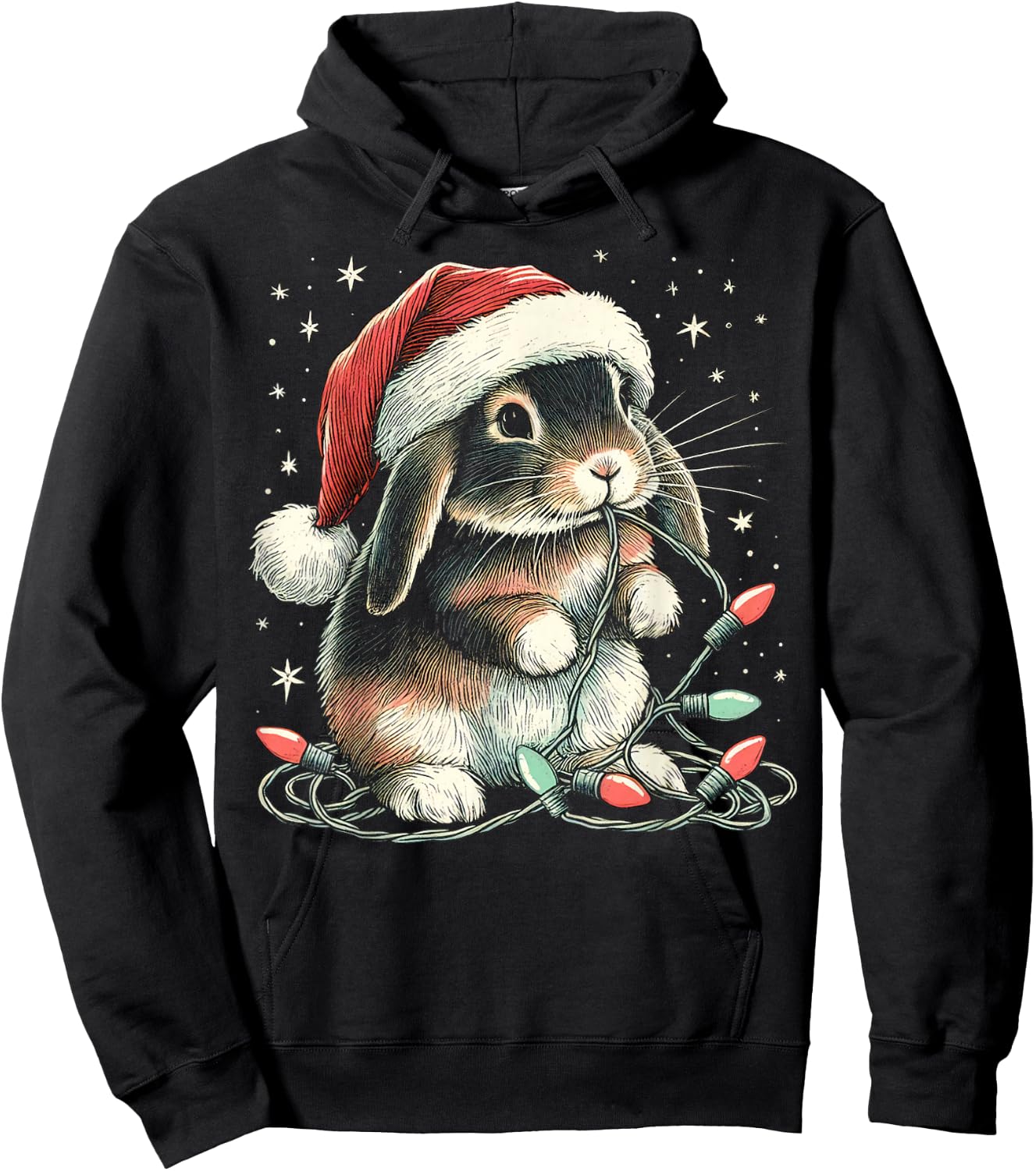 Funny Holland Lop Rabbit Bunny Chew Christmas Light Xmas Hoodie - Hoodie | Black