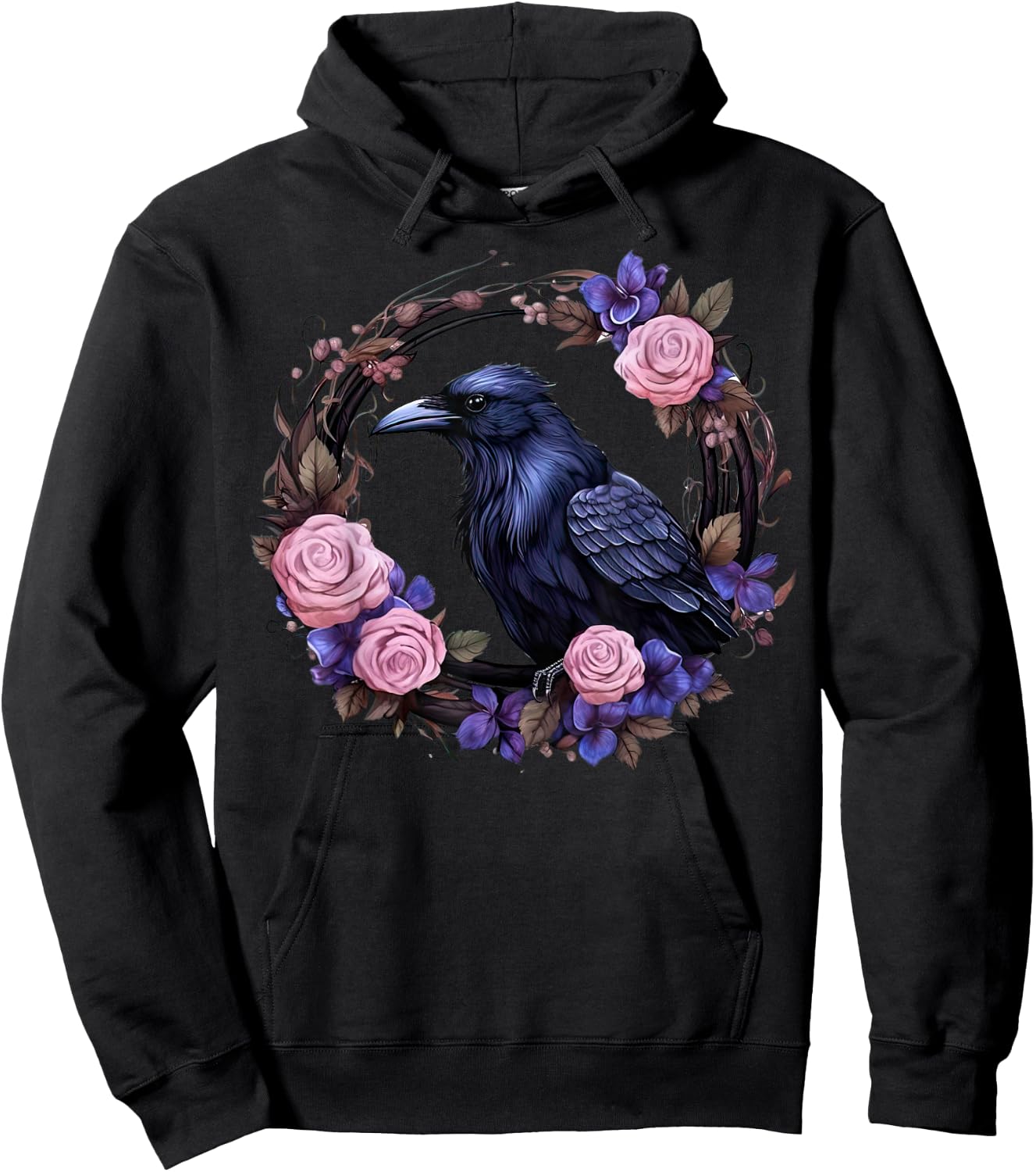 Gothic Raven Full Moon Pink Flowers Vintage Floral Crow Hoodie - Hoodie | Black