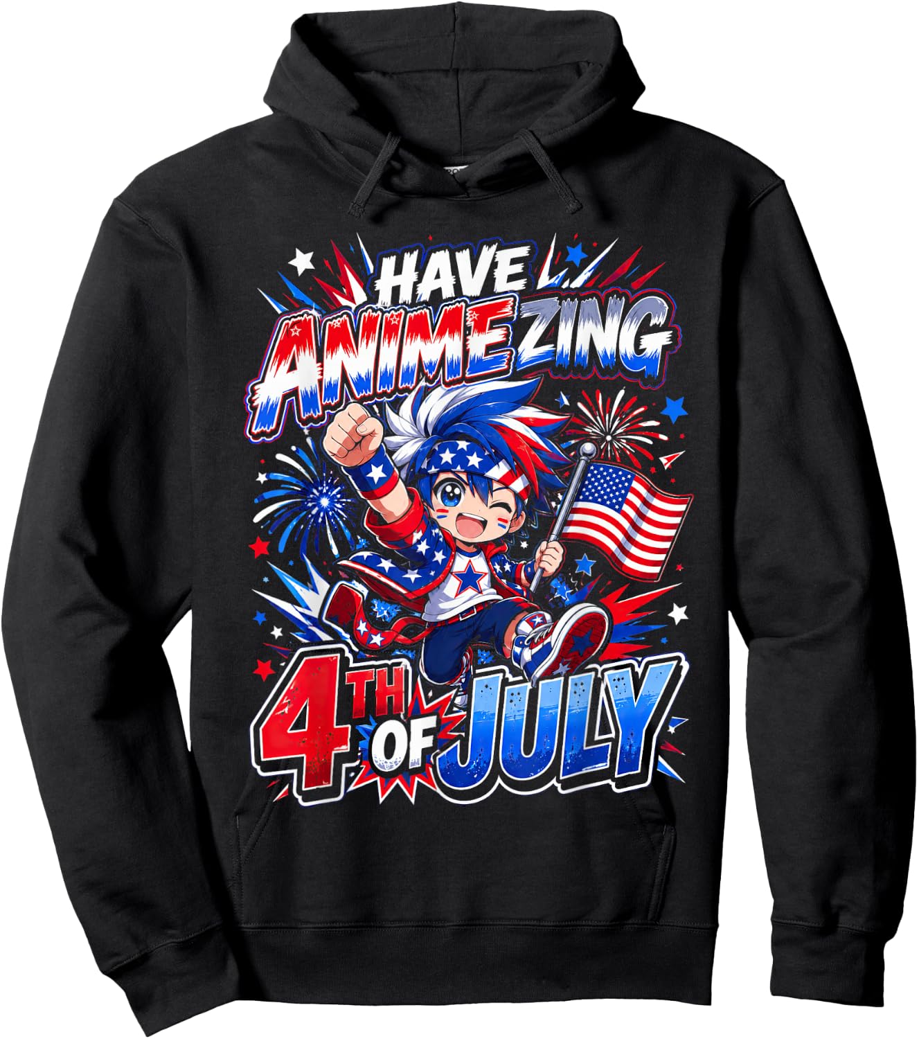 Animezing 4th of July Patriotic Anime Fan USA Hoodie - Hoodie | Black