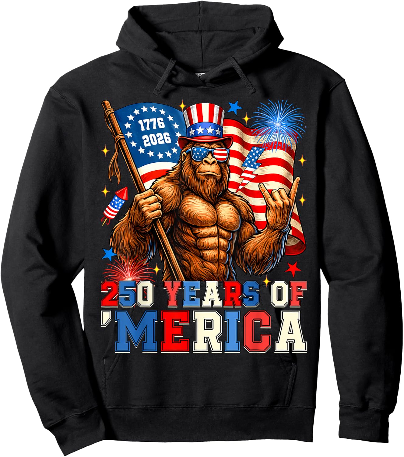 Bigfoot Merica Rock 250 Years American 1776 2026 4th of July Hoodie - Hoodie | Black