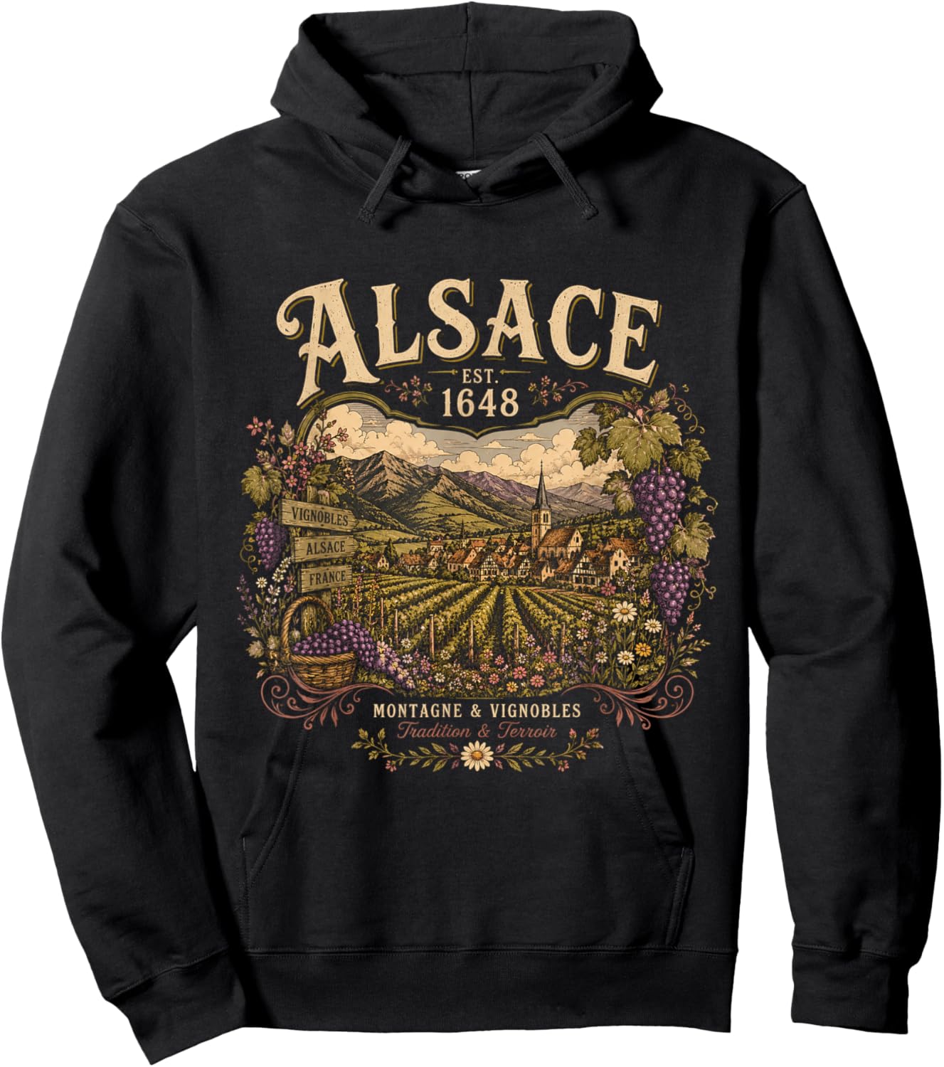 Alsace Est 1648 French Wine Region Alsatian Vineyard Hoodie - Hoodie | Black