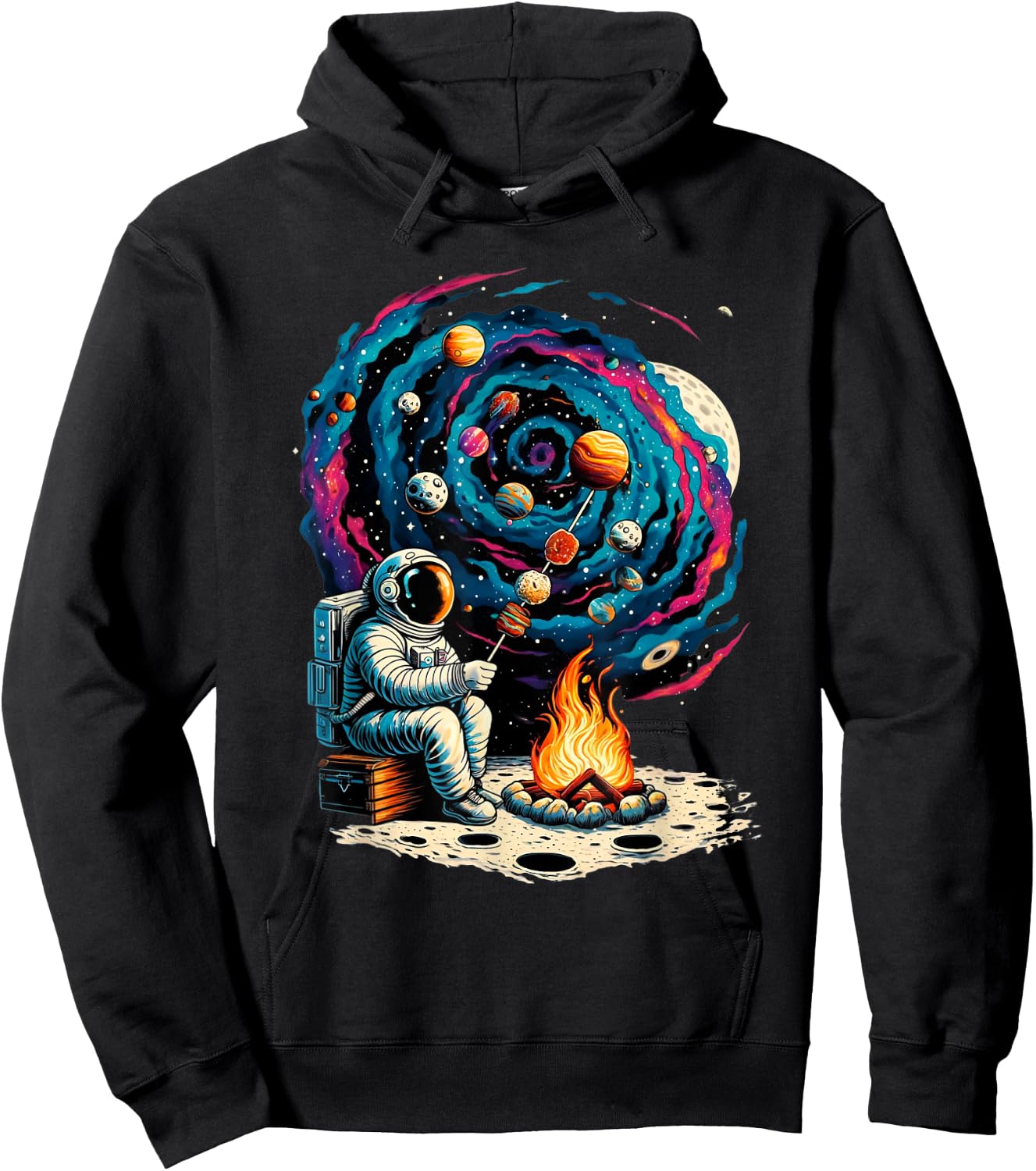 Interstellar Adventure Art & Apparel Funny Astronaut Roasting Marshmallows Camping with Planets , Small, Black Hoodie - Hoodie | Black