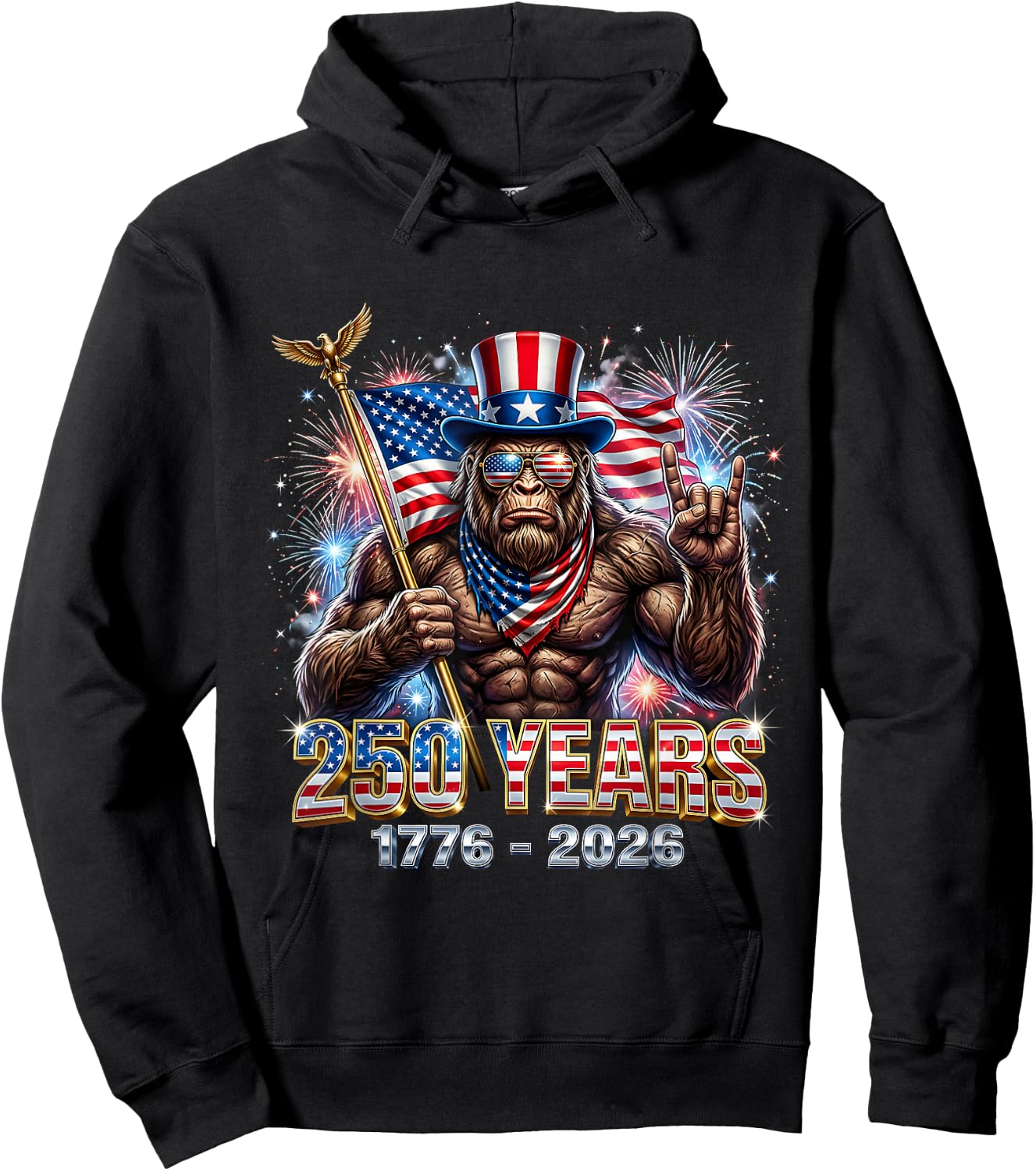 250 Years 1776 2026 Patriotic Bigfoot USA Celebration Hoodie - Hoodie | Black