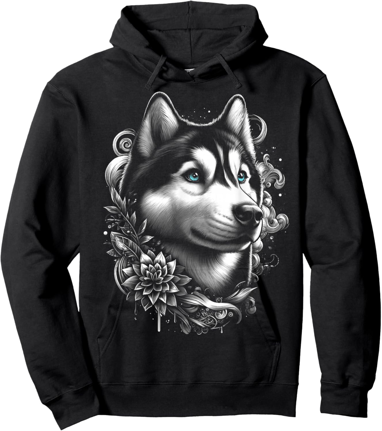Cooler Husky mit blauen Augen und Blumen Deko Hoodie - Hoodie | Black