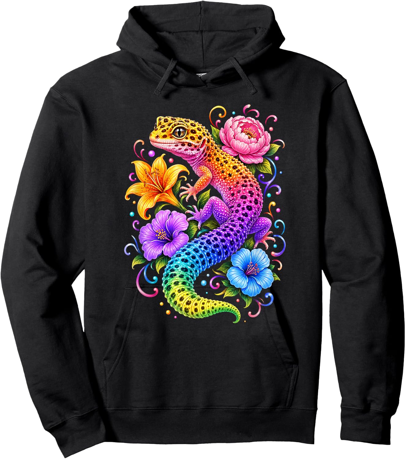 Colorful Cute Leopard Gecko Flowers Rainbow Women Girls Kids Hoodie - Hoodie | Black