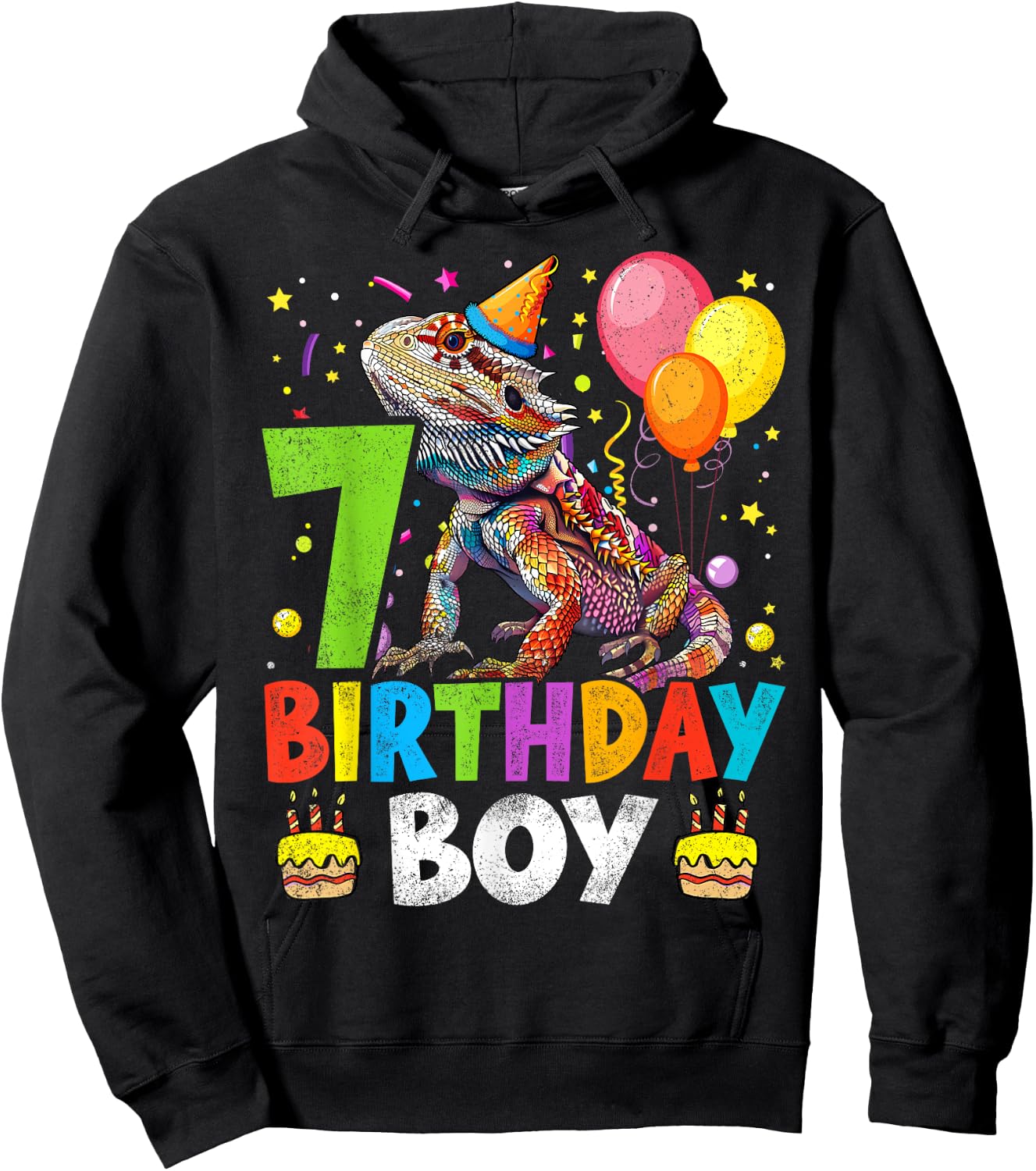 7th Birthday Boy Bearded Dragon 7 Years Old Bday Party Hoodie - Hoodie | Black