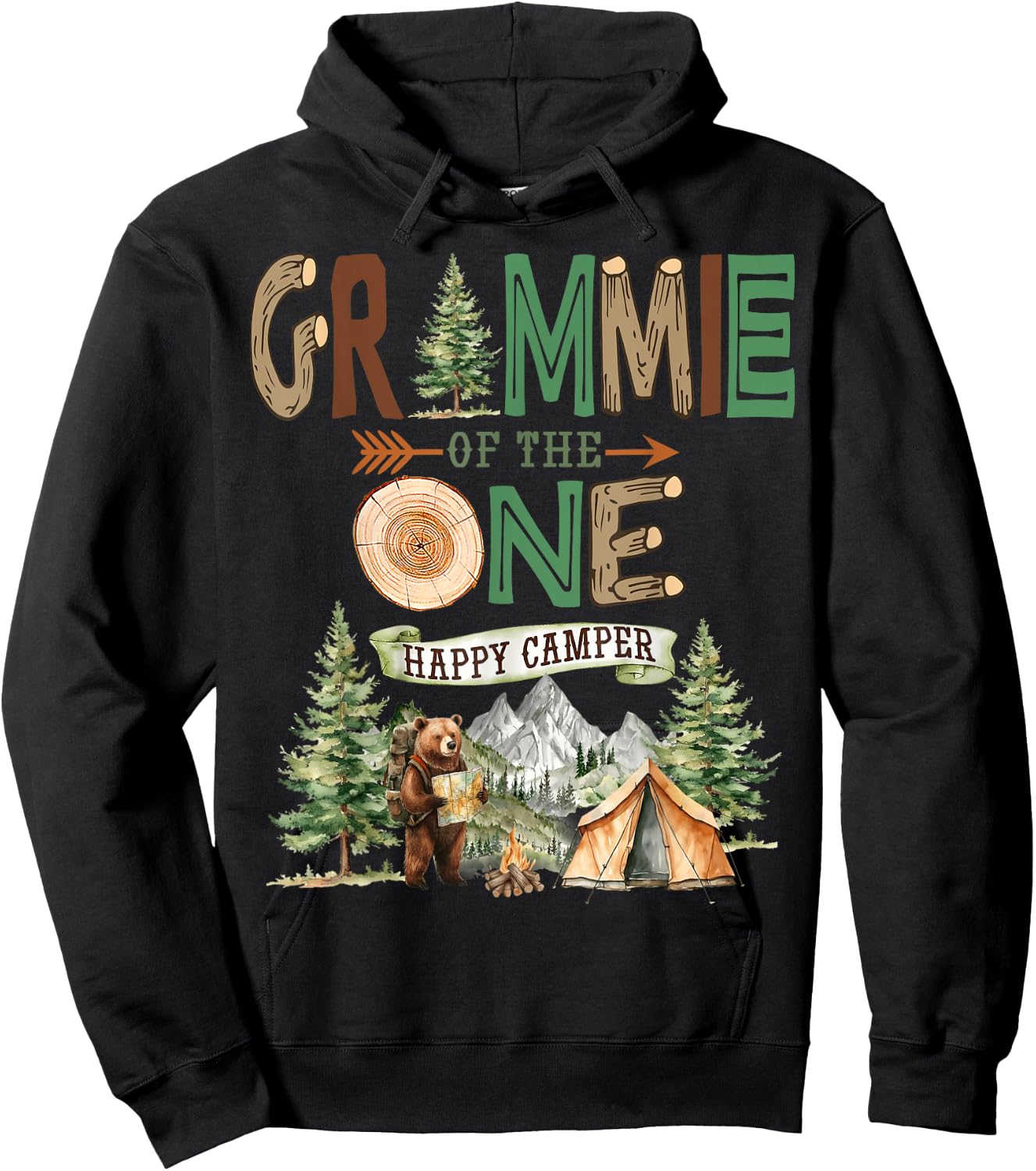 Grammie of The One Happy Camper 1st Birthday Camping Hoodie - Hoodie | Black