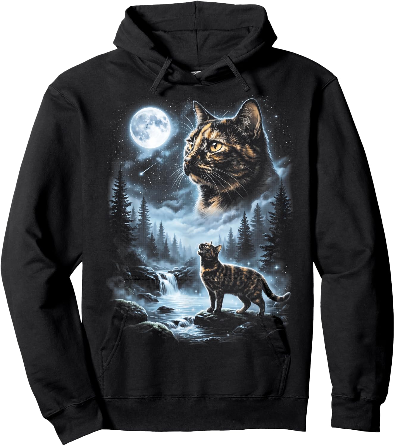 Tortoiseshell Cat Howling at Moon 90's Retro Hoodie - Hoodie | Black