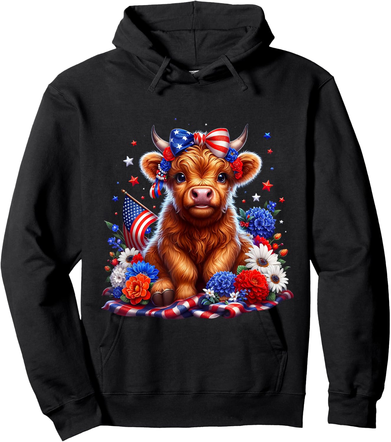 Floral Animal Vibes Patriotic Highland Cow USA 4th of July Hoodie - Hoodie | Black