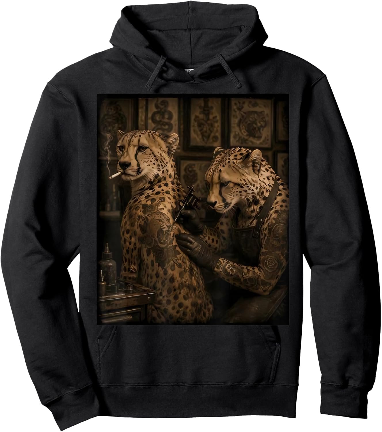 Retro Cheetah Smoking Tattoo Artist Funny Wild Animal Meme Hoodie - Hoodie | Black