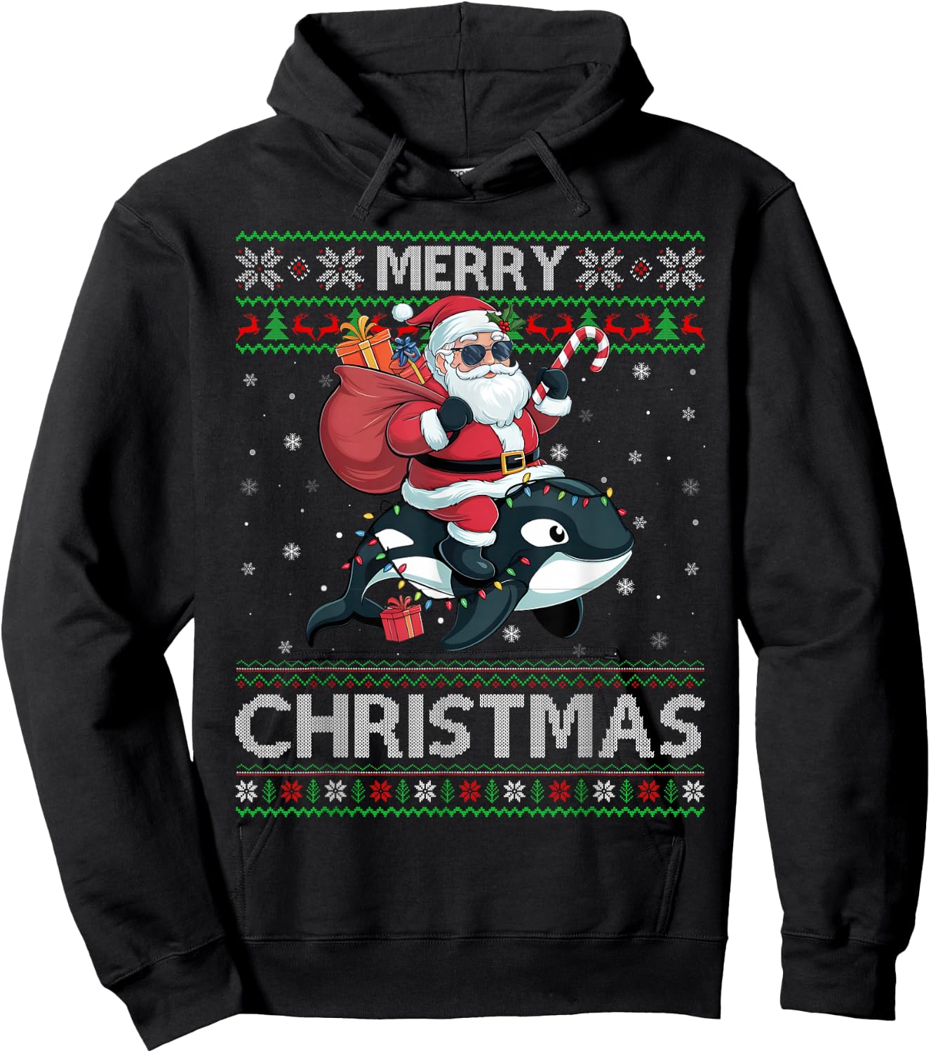 Ugly Xmas Sweater Style Santa Riding Orca Christmas Hoodie - Hoodie | Black