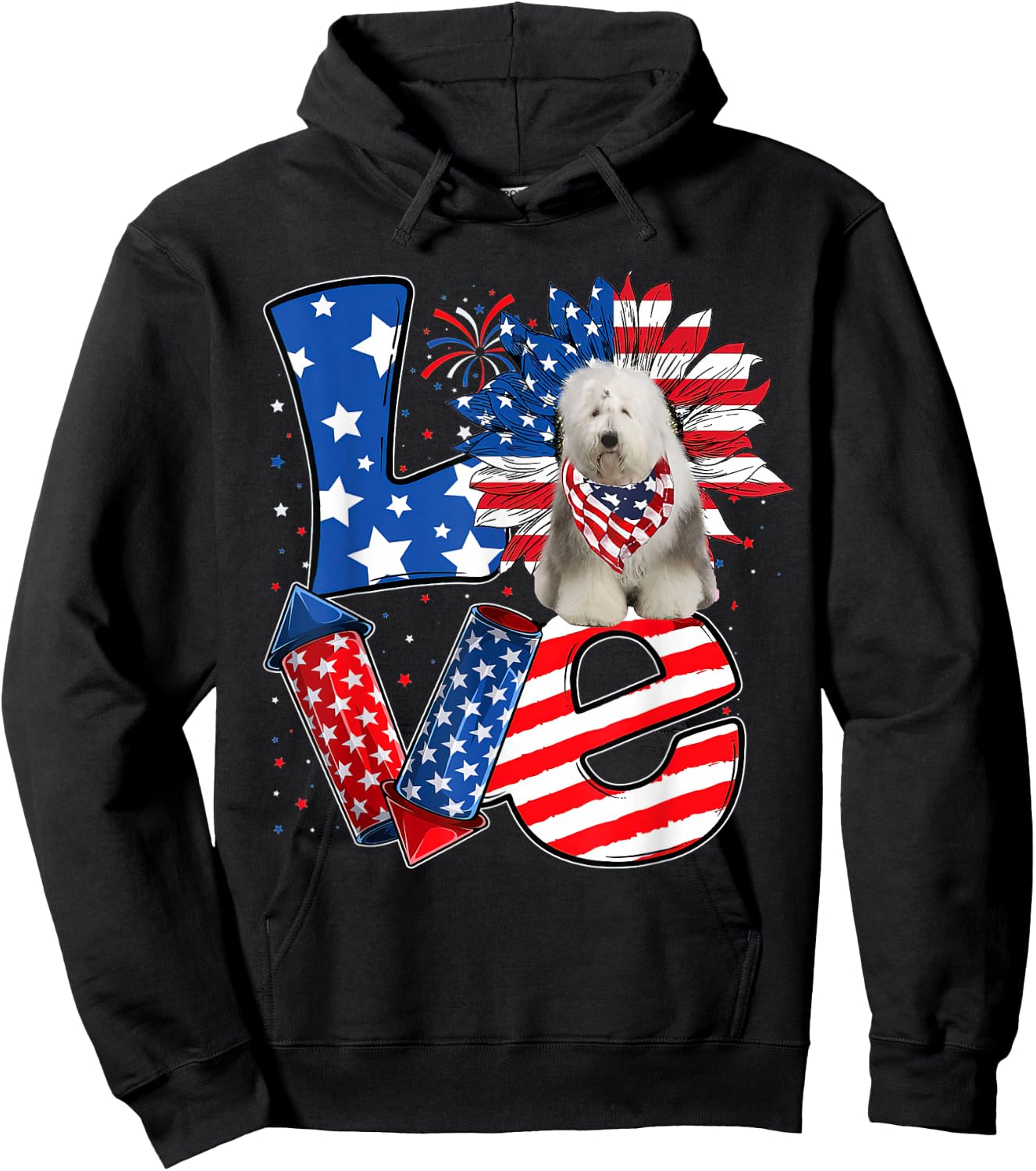4th of July Decor Patriotic LOVE Old English Sheepdog Dog Hoodie - Hoodie | Black
