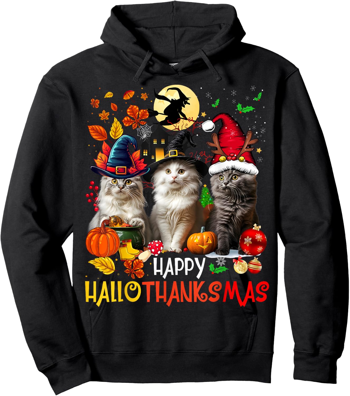 Halloween Thanksgiving Christmas Happy HalloThanksMas Cats Hoodie - Hoodie | Black